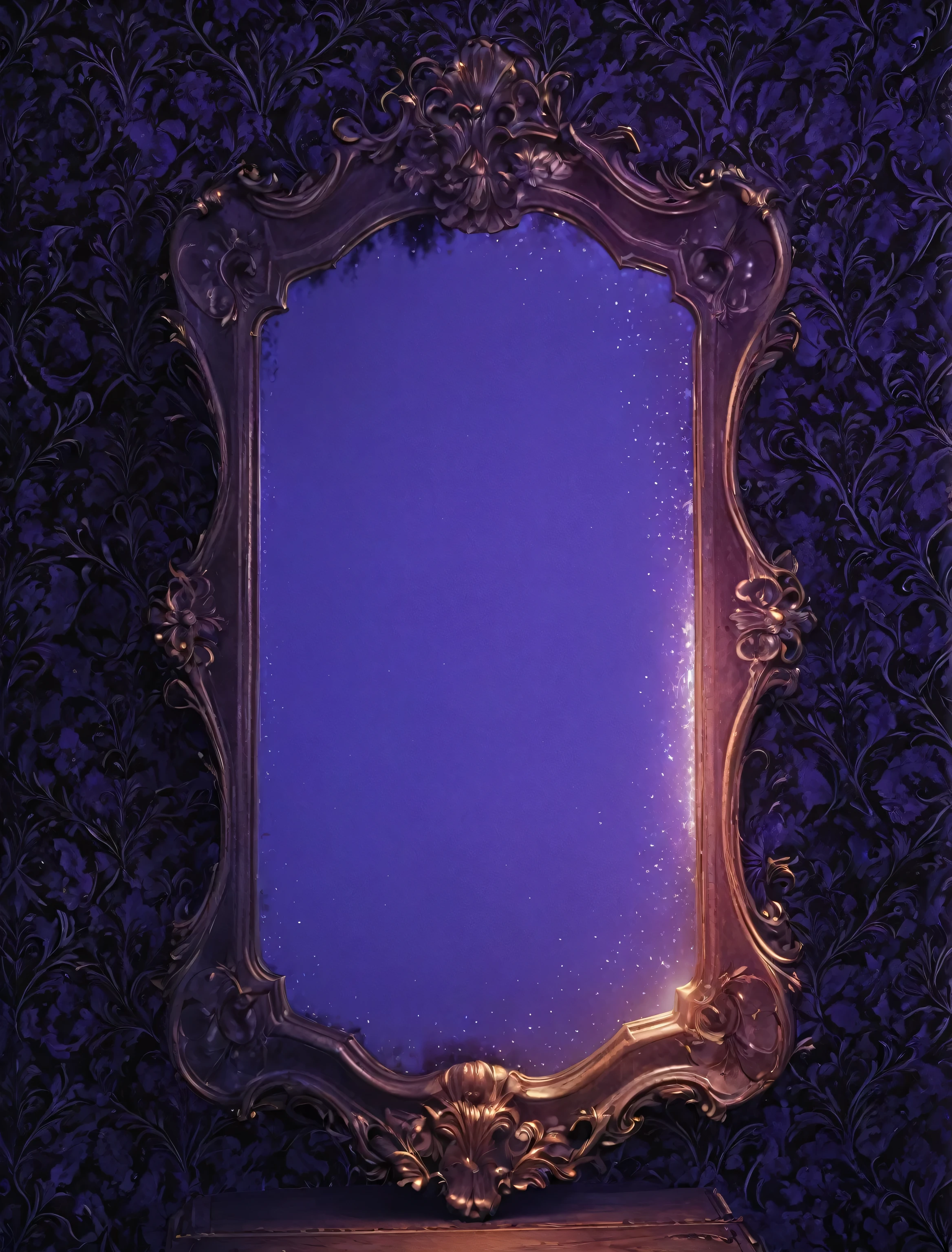 masterpiece, storybook style, highly detailed, masterpiece, vintage mirror, victorian wallpaper, victorian era, beautiful, dark,violet and blue light, standing on the floor