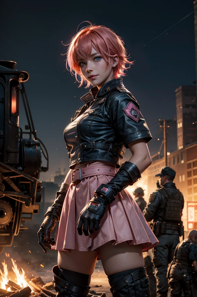 1girl,cowboy shot, beautiful nora_valkyrie, looking at viewer, smile, short hair, blue eyes,heart design on t-shirt, gloves, jacket, pink skirt, pink belt, short sleeves, puffy sleeves, single armband, fingerless gloves, short hair, orange hair, pink gloves, dynamic pose, night, lightning, standing near old steam train, post-apocalypse, dystopian future, crowd, (crowd in military uniforms), bonfires, (volumetric lighting), best quality, masterpiece, intricate details, tonemapping, sharp focus, hyper detailed, trending on Artstation,