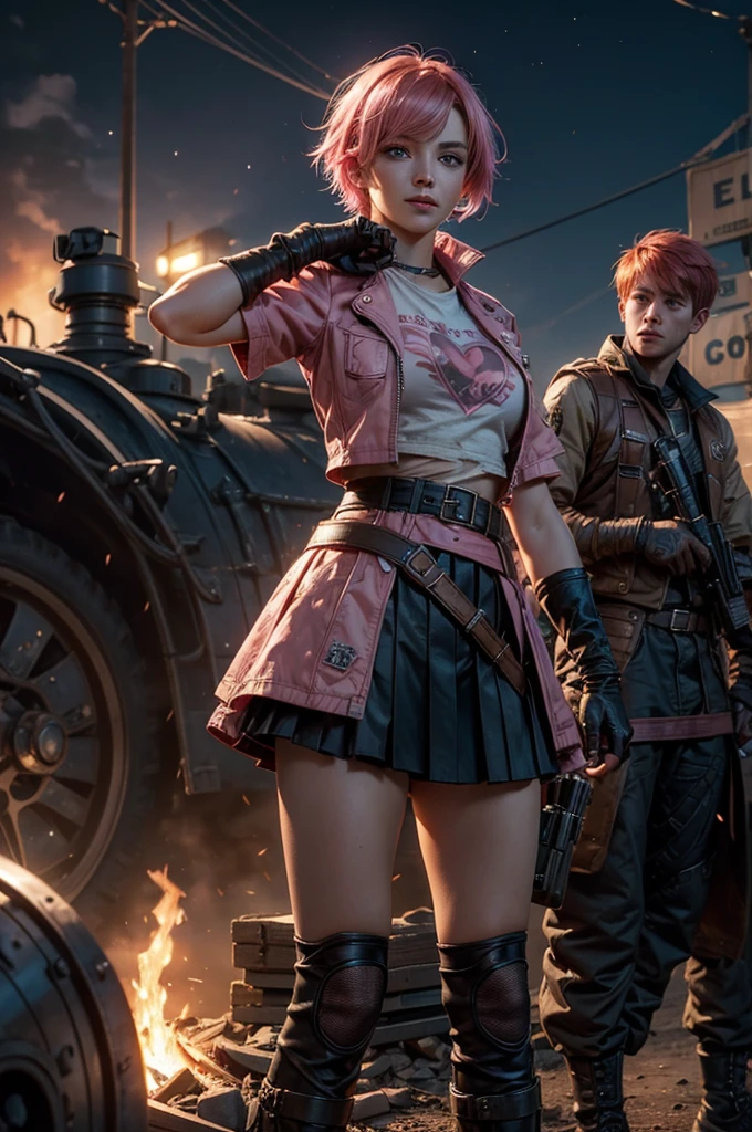 1girl,cowboy shot, beautiful nora_valkyrie, looking at viewer, smile, short hair, blue eyes,heart design on t-shirt, gloves, jacket, pink skirt, pink belt, short sleeves, puffy sleeves, single armband, fingerless gloves, short hair, orange hair, pink gloves, dynamic pose, night, lightning, standing near old steam train, post-apocalypse, dystopian future, crowd, (crowd in military uniforms), bonfires, (volumetric lighting), best quality, masterpiece, intricate details, tonemapping, sharp focus, hyper detailed, trending on Artstation,
