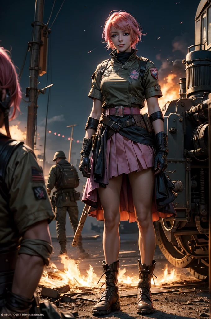 1girl,cowboy shot, beautiful nora_valkyrie, looking at viewer, smile, short hair, blue eyes,heart design on t-shirt, gloves, jacket, pink skirt, pink belt, short sleeves, puffy sleeves, single armband, fingerless gloves, short hair, orange hair, pink gloves, dynamic pose, night, lightning, standing near old steam train, post-apocalypse, dystopian future, crowd, (crowd in military uniforms), bonfires, (volumetric lighting), best quality, masterpiece, intricate details, tonemapping, sharp focus, hyper detailed, trending on Artstation,
