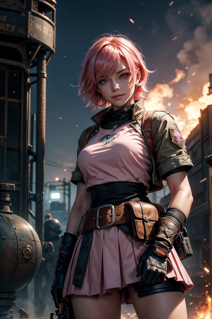 1girl,cowboy shot, beautiful nora_valkyrie, looking at viewer, smile, short hair, blue eyes,heart design on t-shirt, gloves, jacket, pink skirt, pink belt, short sleeves, puffy sleeves, single armband, fingerless gloves, short hair, orange hair, pink gloves, dynamic pose, night, lightning, standing near old steam train, post-apocalypse, dystopian future, crowd, (crowd in military uniforms), bonfires, (volumetric lighting), best quality, masterpiece, intricate details, tonemapping, sharp focus, hyper detailed, trending on Artstation,