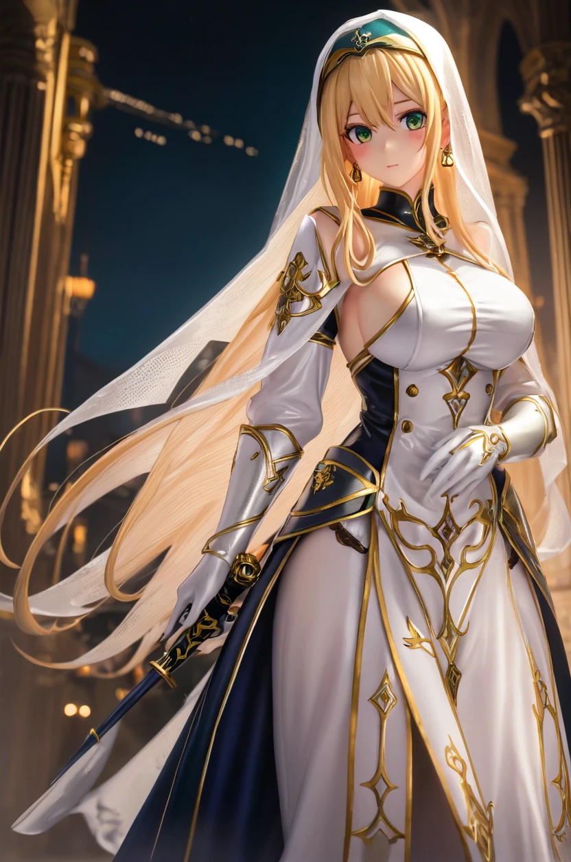 best quality, masterpiece,white hair, gold eyes,white clothes, looking up, upper body,hair strand,Fair skin,side braids