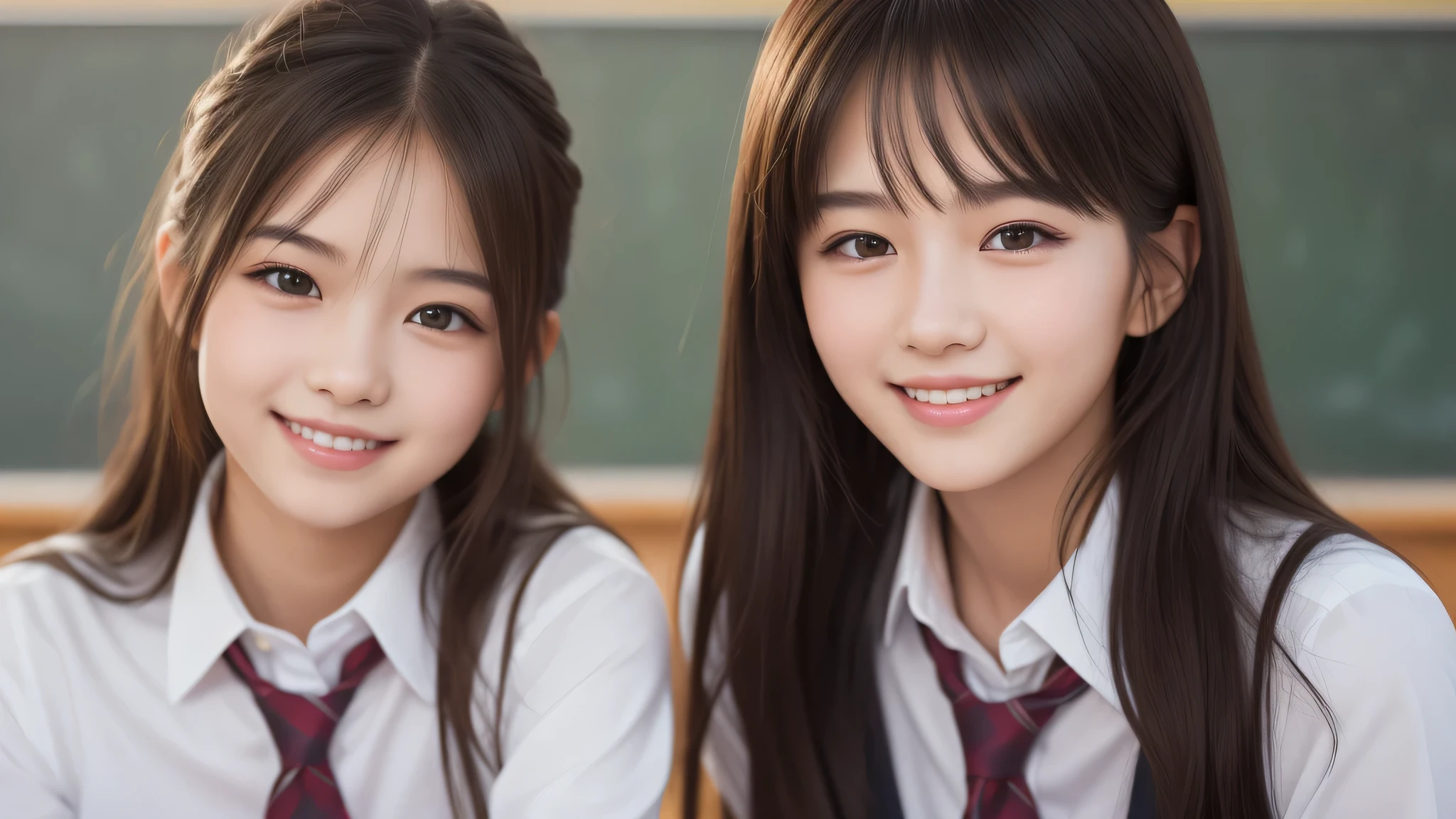 (2girl), (happy smiles), (high school uniform), (Best Quality:1.4), Realistic, extremely detailed CG unified 8k wallpaper, highly detailed, High-definition raw color photos, professional photography, Realistic portrait, Beautiful detailed, Close up portrait of girl, (school, classroom:1.2), (Fine face:1.2), 