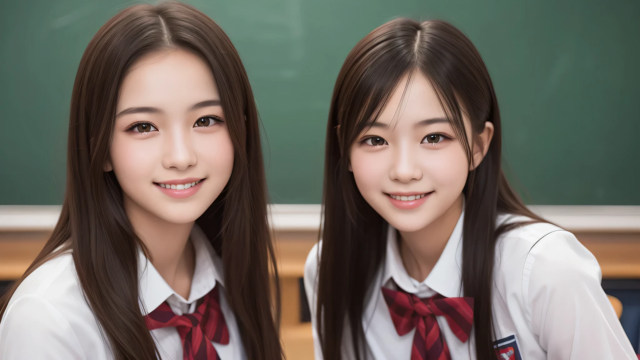 (2girl), (happy smiles), (high school uniform), (Best Quality:1.4), Realistic, extremely detailed CG unified 8k wallpaper, highly detailed, High-definition raw color photos, professional photography, Realistic portrait, Beautiful detailed, Close up portrait of girl, (school, classroom:1.2), (Fine face:1.2), 