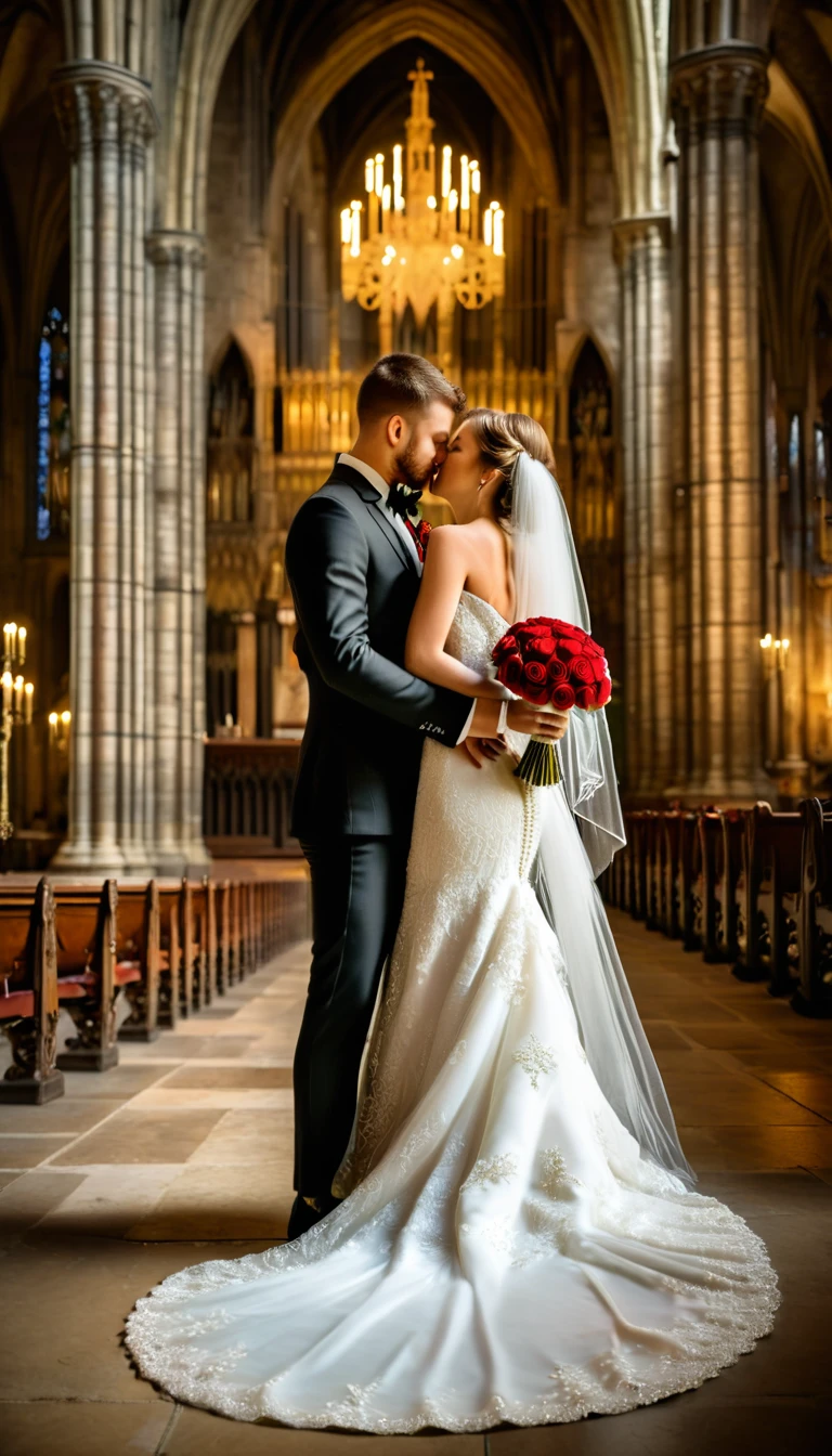 Photorealistic Images: {Full-body raw portrait of a beautiful bride and groom in a photoshoot for a magazine, the bride wearing a stunning white wedding dress with pearls and gold accents, holding a bouquet of red roses, the groom in an elegant suit, both standing face to face, looking into each other's eyes passionately}, in a Gothic cathedral with a highly blurred background, Rembrandt lighting, UHD, 8K, DSLR camera, high detail