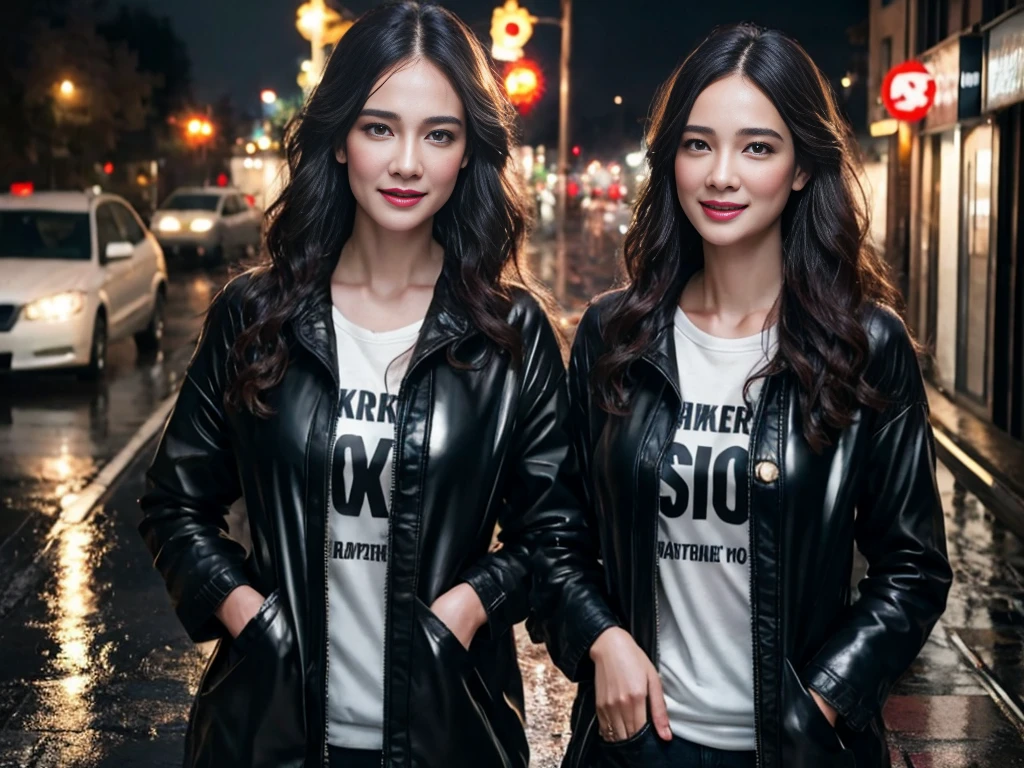 wet street , soaked young women, drenched, dripping, wet clothes, wet skin, wet hair, 8k, masterpiece, photorealistic, beautiful, happy, clinging heavy clothes,