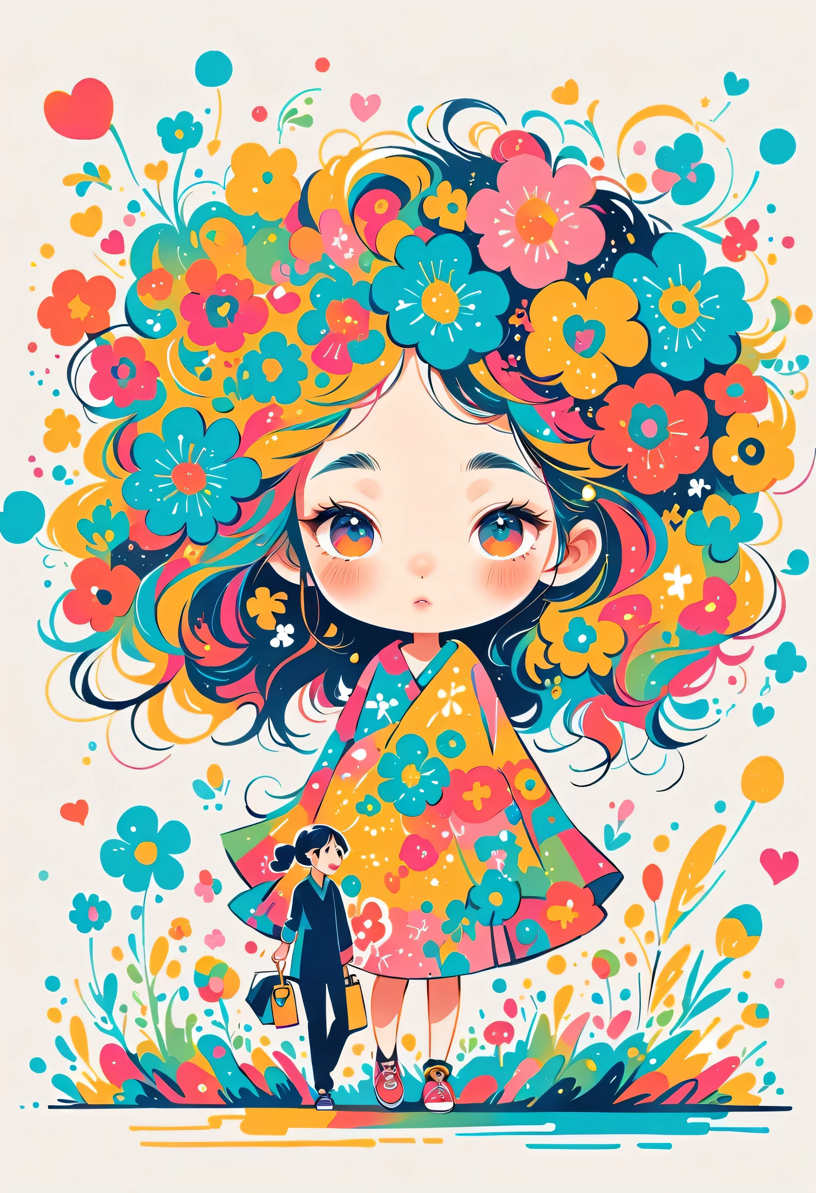 Takashi Murakami style, Standing in front of a high wall,Simple Line Initialism,Abstract art,Urban Background, (((The most beautiful girl))), Lips in Love, walking, colorful flowers