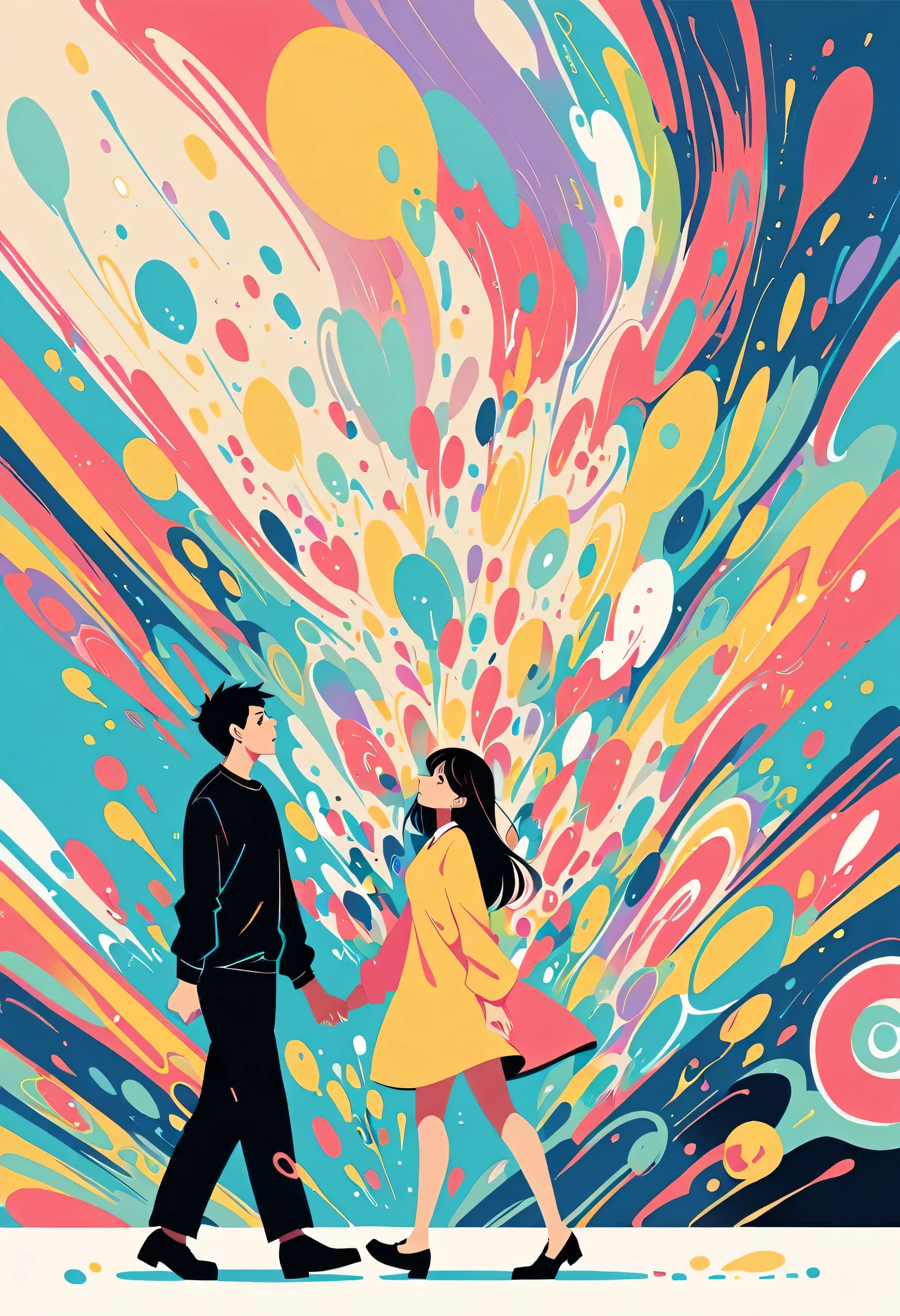Takashi Murakami style, Standing in front of a high wall,Simple Line Initialism,Abstract art,Urban Background, (((The most beautiful girl))), Lips in Love, walking, colorful flowers