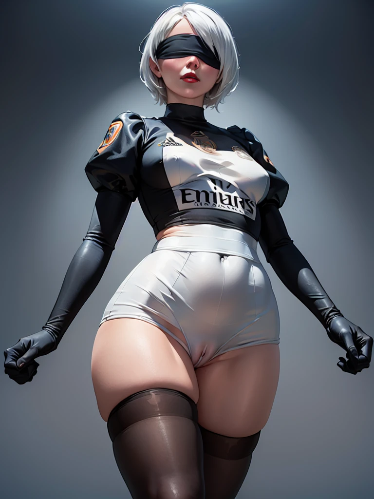  ((((heart hands)))),(from below:1.5), (((front view))),  Best_QualityPos, RAW photo, intricate details, best quality, 8k uhd, soft lighting,  soft lighting, 1girl, ((( Real Madrid shirt))), (((perfect anatomy, anatomically correct, super detailed skin))), 2B from Nier Automata.  ((big cameltoe))), (((wearing a white Real Madrid football team shirt)), short hair, ((solo)), (((blindfold))), ((hourglass body,)), (alone). ((solo:1.5)), ((abstract background))), abstract grunge as background,  big red lips, white hair, 1 girl, ((white Real Madrid football team shirt)). ,[[[(((big hips)))]]]], clothing cutout, gloves, juliet sleeves, leotard, puffy sleeves, , thighhighs, , hourglass body,, shiny skin, watching the viewer, beautiful hair, beautiful face, beautiful detailed eyes, blue eyes, babyface, , beautiful body,standing, (beautiful scenery), 8k, top quality, masterpiece​:1.2, extremely detailed),