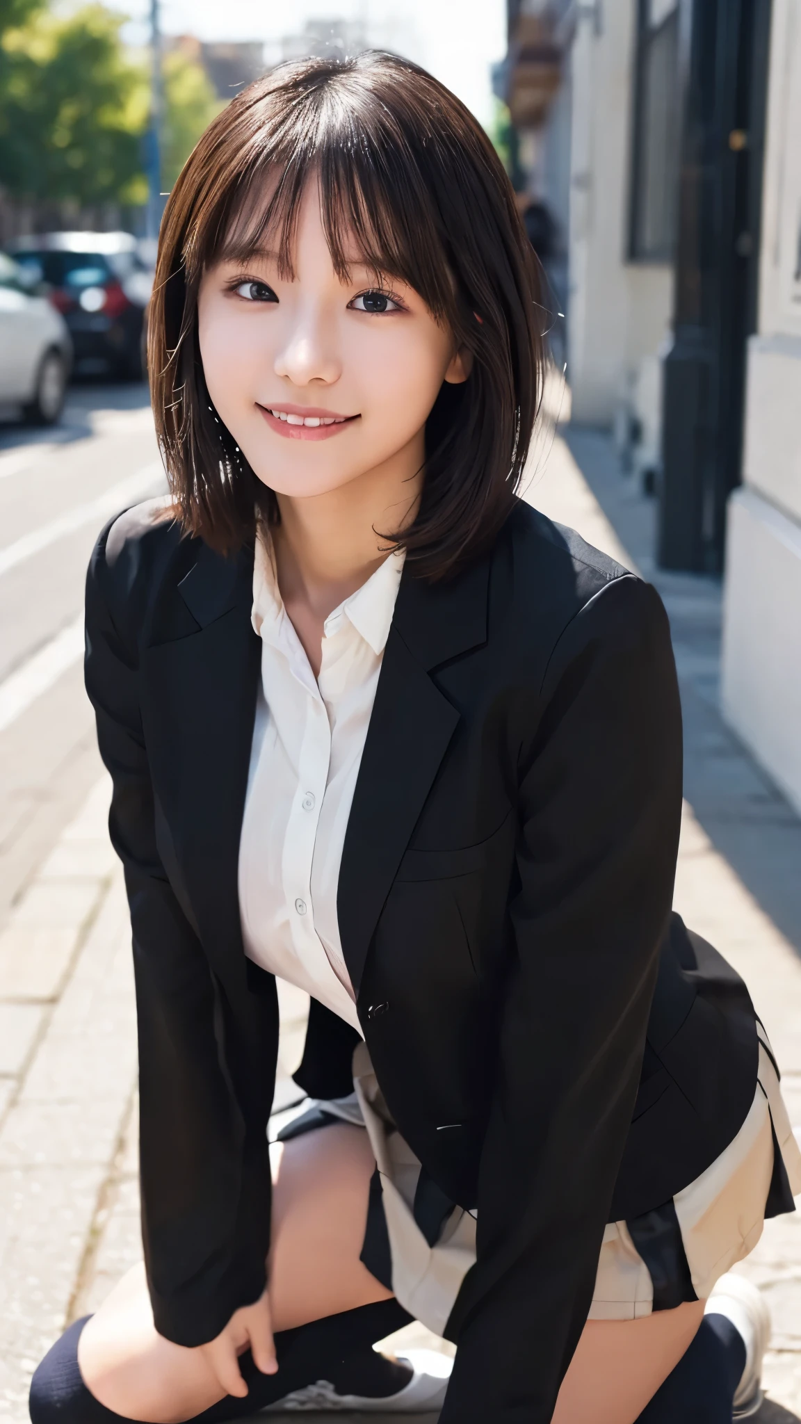 (masterpiece:1.2, highest quality), (Realistic, photoRealistic:1.4), Beautiful illustrations, (Natural Side Lighting, Cinema Lighting),
View your viewers, Cowboy Shot, Front view, 1 girl, Japanese, high school girl, Perfect Face, Cute and symmetrical face, Shiny skin,
(short hair:1.2, Bobcut:1.2, Brown Hair), Swept-apart bangs, Dark brown eyes, Long Eyelashes, (Large Breasts:0.6, Captivating thighs),
Beautiful Hair, Beautiful Face, Beautiful fine details, Beautiful clavicle, Beautiful body, Beautiful breasts, Beautiful thighs, Beautiful feet, Beautiful fingers,
(((Black blazer, Close Blazer), White collared shirt with long sleeves, Black pleated skirt, Black socks)),
(Beautiful views), evening, street, Are standing, (Cute smile, Upward glance),