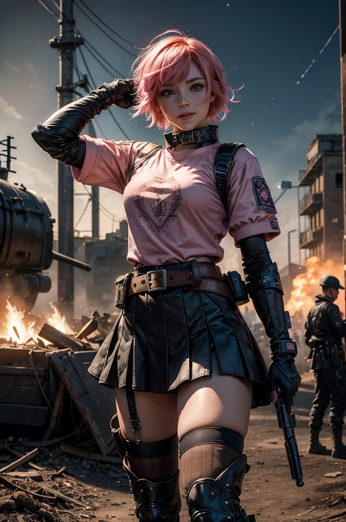 1girl,cowboy shot, beautiful nora_valkyrie, looking at viewer, smile, short hair, blue eyes,heart design on t-shirt, gloves, jacket, pink skirt, pink belt, short sleeves, puffy sleeves, single armband, fingerless gloves, short hair, orange hair, pink gloves, dynamic pose, night, lightning, standing near old steam train, post-apocalypse, dystopian future, crowd, (crowd in military uniforms), bonfires, (volumetric lighting), best quality, masterpiece, intricate details, tonemapping, sharp focus, hyper detailed, trending on Artstation,