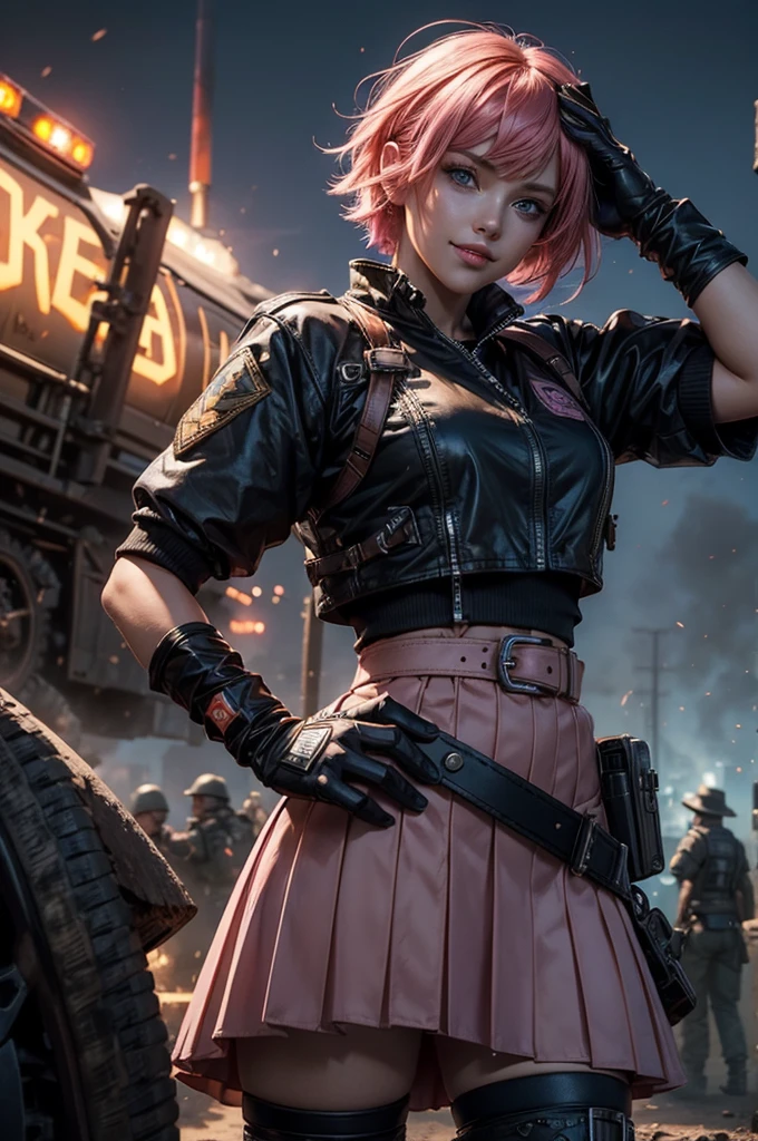 1girl,cowboy shot, beautiful nora_valkyrie, looking at viewer, smile, short hair, blue eyes,heart design on t-shirt, gloves, jacket, pink skirt, pink belt, short sleeves, puffy sleeves, single armband, fingerless gloves, short hair, orange hair, pink gloves, dynamic pose, night, lightning, standing near old steam train, post-apocalypse, dystopian future, crowd, (crowd in military uniforms), bonfires, (volumetric lighting), best quality, masterpiece, intricate details, tonemapping, sharp focus, hyper detailed, trending on Artstation,