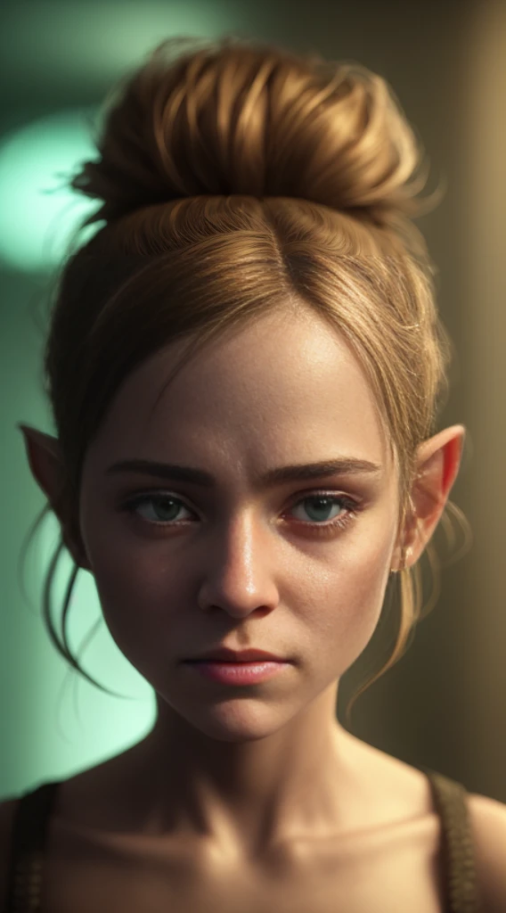 4k, a Female Goblin, eye contact, focus, background indoors, precisionism,, ((((cinematic look)))), soothing tones, insane details, intricate details, hyperdetailed, low contrast, soft cinematic light, dim colors, exposure blend, hdr, faded, slate gray atmosphere