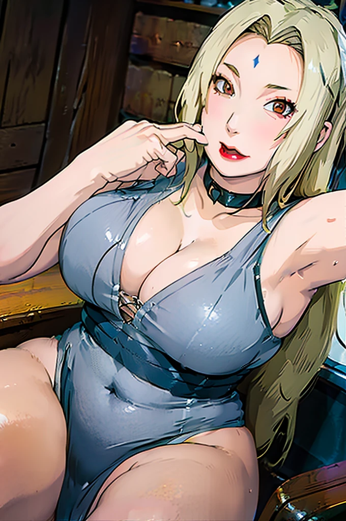 Best quality, beautiful nose, angelic face, Open eyes, solo Mature, Mature, (giant breasts 1.9=, giant ass, very curvy, full lips, seductive, choker, sexy fishnet bodysuit, silver hoops, thick thighs, curvy physique, wide hips and round ass, gigantic breasts larger than her head, blonde hair, perfect facial features, small waist, marked abdomen, Red lips, sweaty armpits