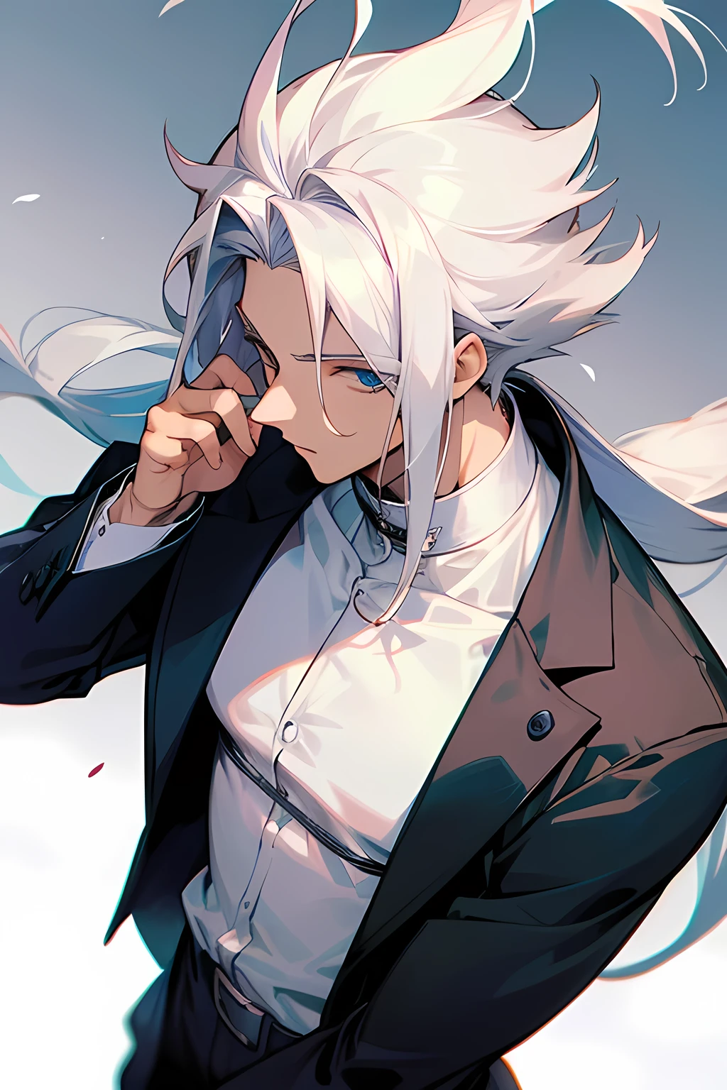 Personagem de anime masculino, maximum quality, cabelo branco, cabelo amarrado, olhos azuis, black gentleman's armor with technological design, Black sword in hand, espada com chamas azuis