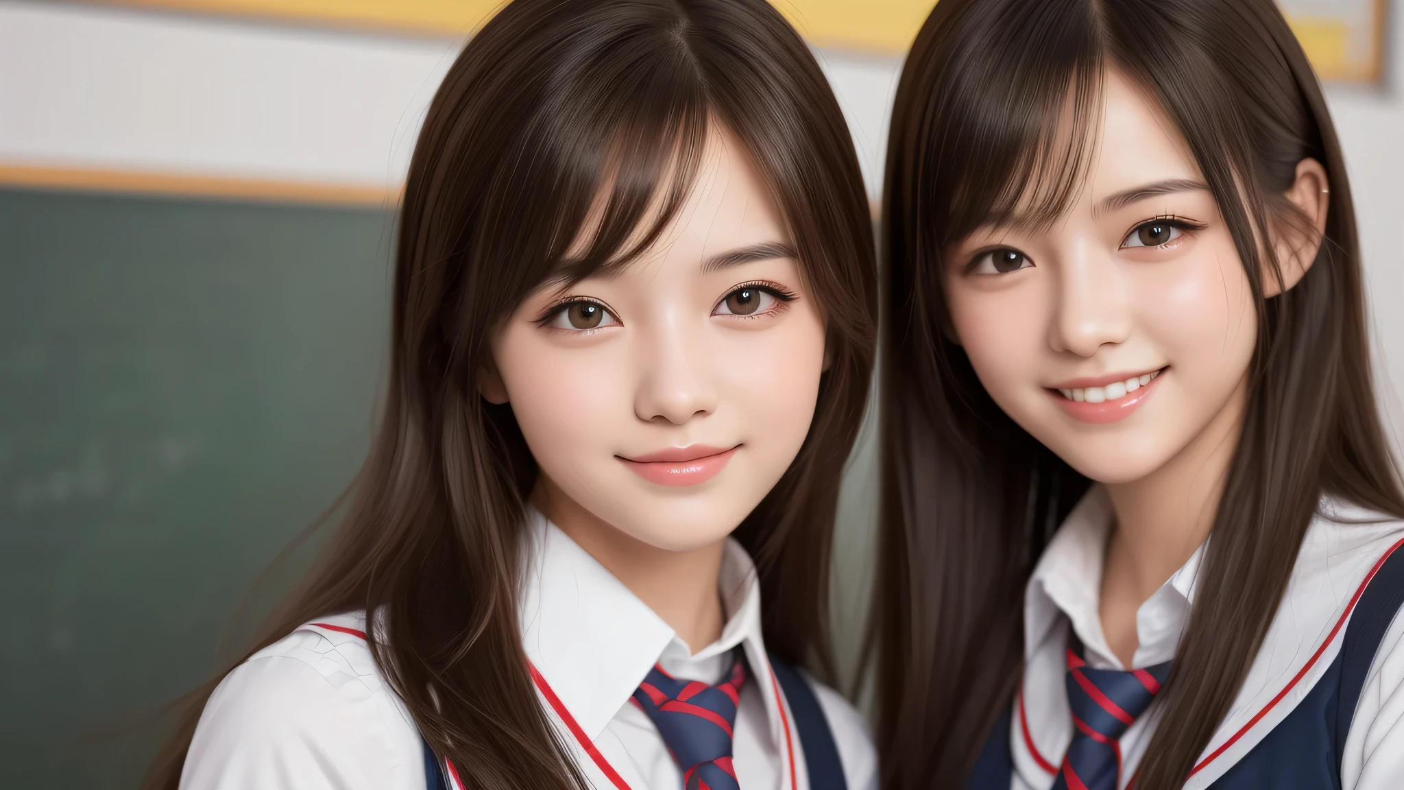 kawaii, (2girl), bob hair, (happy smiles), (high school uniform), (Best Quality:1.4), Realistic, extremely detailed CG unified 8k wallpaper, highly detailed, High-definition raw color photos, professional photography, Realistic portrait, Beautiful detailed, Close up portrait of girl, (school, classroom:1.2), (Fine face:1.2), 