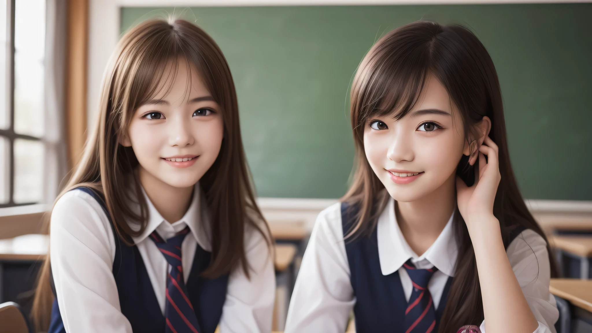 kawaii, (2girl), bob hair, (happy smiles), (high school uniform), (Best Quality:1.4), Realistic, extremely detailed CG unified 8k wallpaper, highly detailed, High-definition raw color photos, professional photography, Realistic portrait, Beautiful detailed, Close up portrait of girl, (school, classroom:1.2), (Fine face:1.2), 