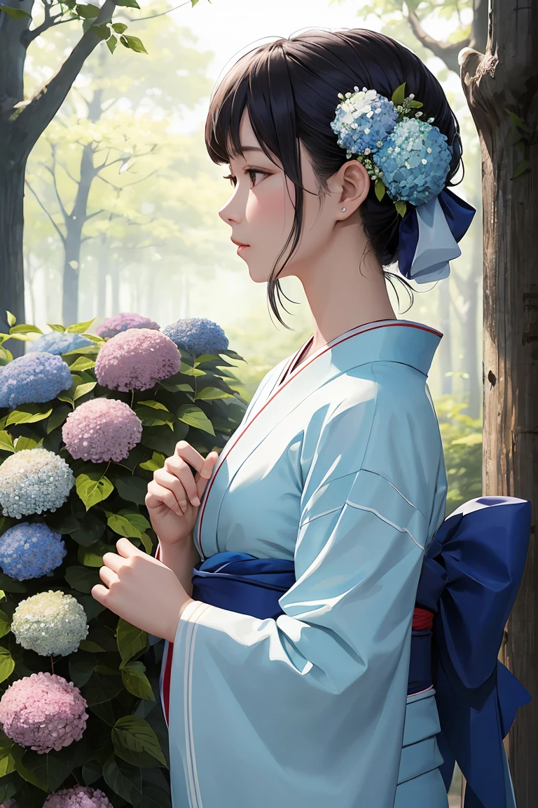 masterpiece ,highest quality, delicateな髪の美しい女性, Flowers, forest, June,Hydrangea,profile,Fleeting,beauty,delicate,Cinematic,Japanese women,profile,mature,Shiny woman,Downward Angle,Light blue kimono,White small flower hair ornament,Loosely tied hair with loose strands