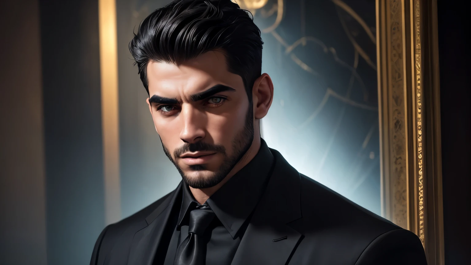 a handsome 25 year old spanish man with short black hair, stubble, thick eyebrows, full lips, masculine nose and chiseled features, slim, well-dressed, 4k, cinematic lighting, dramatic pose, intricate details, hyperrealistic, stunning portrait, dramatic chiaroscuro, rich colors, dramatic lighting, high contrast, sharp focus