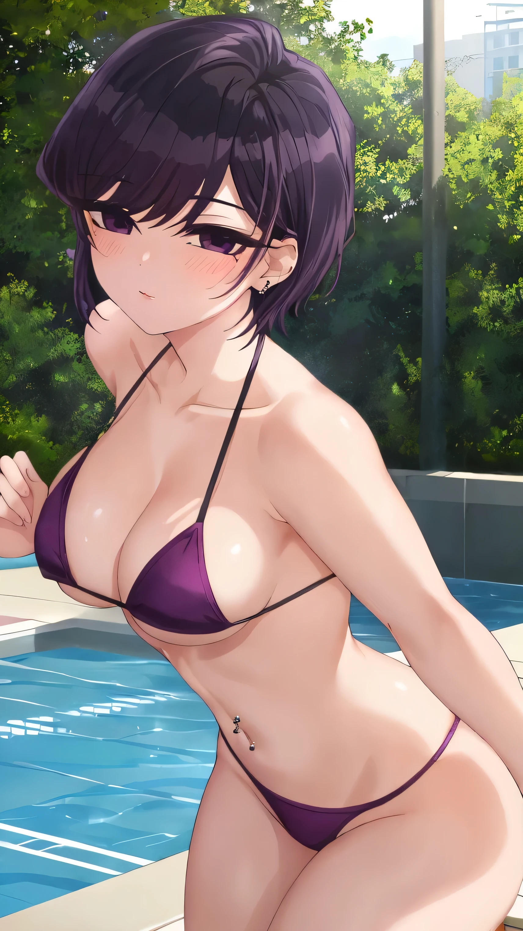 Detailed face、long eyeslashes、A detailed eye、(Clear eyes)、(Purple eyes)、A purple-haired、Short hair、Lustrous skin . Realistic skin feeling、Oily skin、8K、Navel piercing、Sexy Bikini、swimming pools、red blush、Colossal tits、hightquality、high-level image quality、A sexy、Sunnyday、Good light、piercings、perspiring、A smile、gals