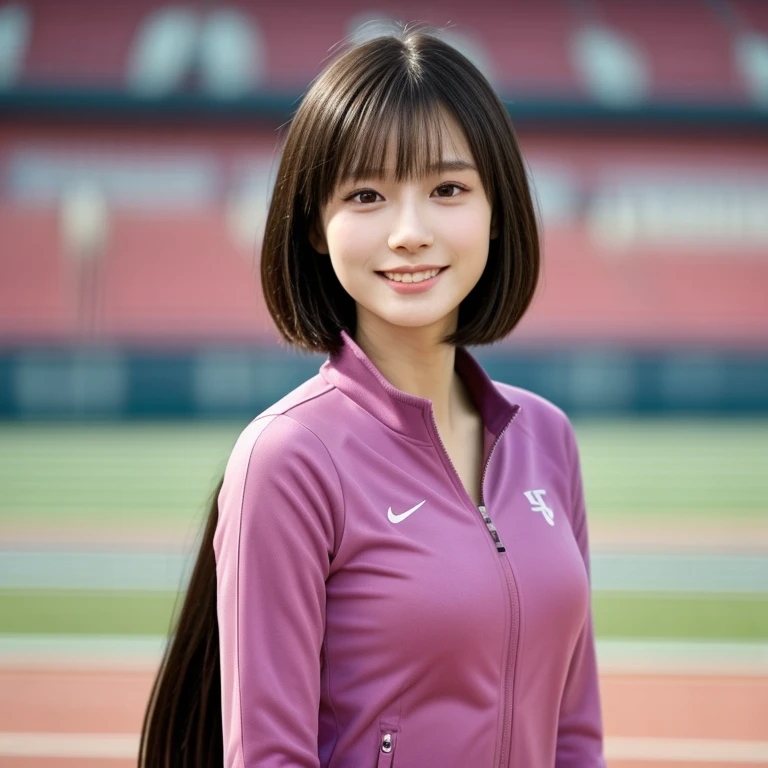 (kawaii 24 year-old Japanese girl, Nogizaka idol, Korean idol, track and field player), healthy female athlete body, glossy black hair, (very short hair, bangs:1.2), beautiful black eyes, rounded face, single eyelid, (no makeup:1.2), (big laughing), (light pink half zipped track suits:1.3), extra small breasts, BREAK, (track and field stadium background, summer sunlights:1.2), (dynamic angle, bust shot:1.2), BREAK, (masterpiece, best quality, photo realistic, official art:1.4), (UHD, 8K quality wallpaper, high resolution, raw photo, golden ratio:1.3), (shiny skin), professional lighting, physically based rendering, award winning, (highly detailed skin texture, extremely detailed face and eyes textures), Carl Zeiss 85 mm F/1.4, depth of field, (1girl, solo),