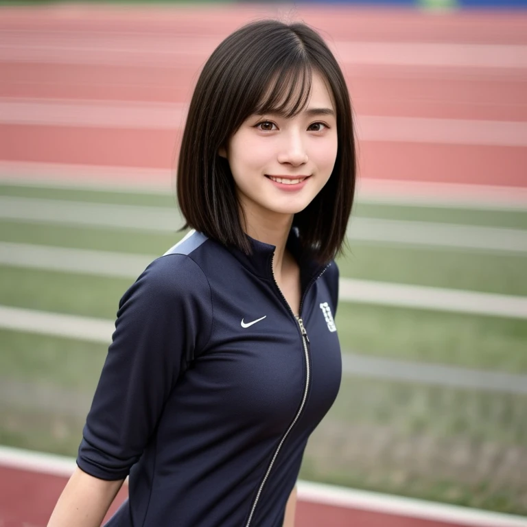 (kawaii 24 year-old Japanese girl, Nogizaka idol, Korean idol, track and field player), healthy female athlete body, glossy black hair, (very short hair, bangs:1.2), beautiful black eyes, rounded face, single eyelid, (no makeup:1.2), (big laughing), (light pink half zipped track suits:1.3), extra small breasts, BREAK, (track and field stadium background, summer sunlights:1.2), (dynamic angle, bust shot:1.2), BREAK, (masterpiece, best quality, photo realistic, official art:1.4), (UHD, 8K quality wallpaper, high resolution, raw photo, golden ratio:1.3), (shiny skin), professional lighting, physically based rendering, award winning, (highly detailed skin texture, extremely detailed face and eyes textures), Carl Zeiss 85 mm F/1.4, depth of field, (1girl, solo),