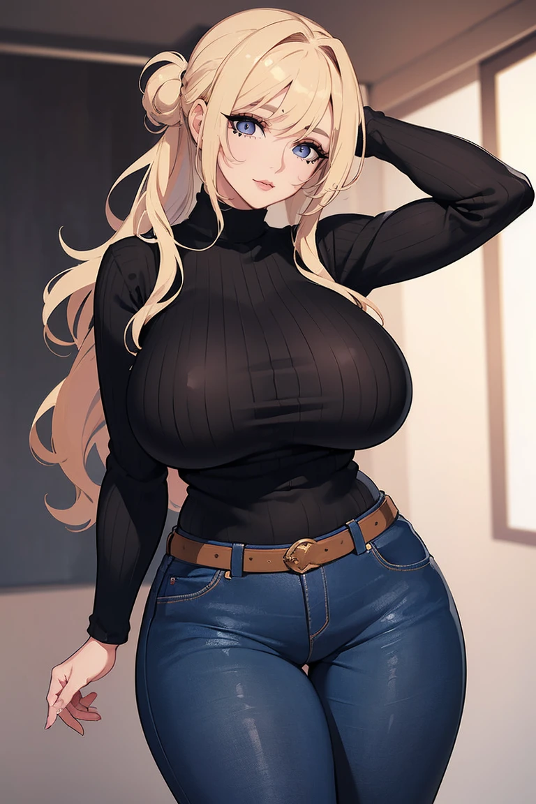 (Uhd, Masterpiece, Textured Skin, Super Detail, High Details, High Quality, Best Quality), Detailed Face, 1woman, mature pretty woman, ((Wide hips, thick thighs, massive huge breasts)), Blonde hair tied up, (Black sweater shirt), jeans, (Huge Body), (Hair tied)