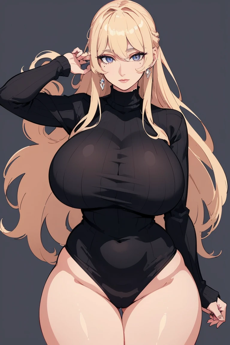 (Uhd, Masterpiece, Textured Skin, Super Detail, High Details, High Quality, Best Quality), Detailed Face, 1woman, mature pretty woman, ((Wide hips, thick thighs, massive huge breasts)), Blonde hair tied up, (Black sweater shirt), jeans, (Huge Body), (Hair tied)