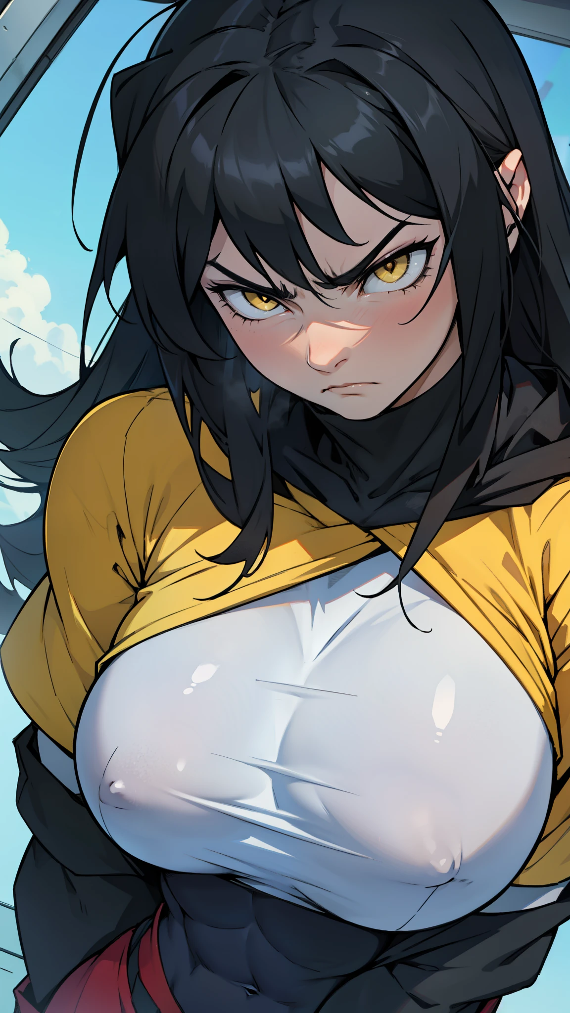 muscular girl huge breasts pale skin black hair long hair yellow eyes disdain annoyed disgusted disappointed