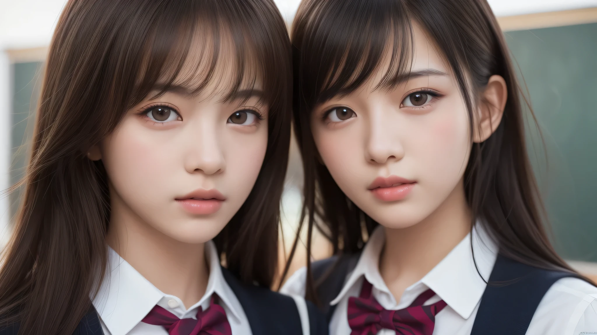 kawaii, (2girl), bob hair, (high school uniform), (Best Quality:1.4), Realistic, extremely detailed CG unified 8k wallpaper, highly detailed, High-definition raw color photos, professional photography, Realistic portrait, Beautiful detailed, Close up portrait of girl, (school, classroom:1.2), (Fine face:1.2),
