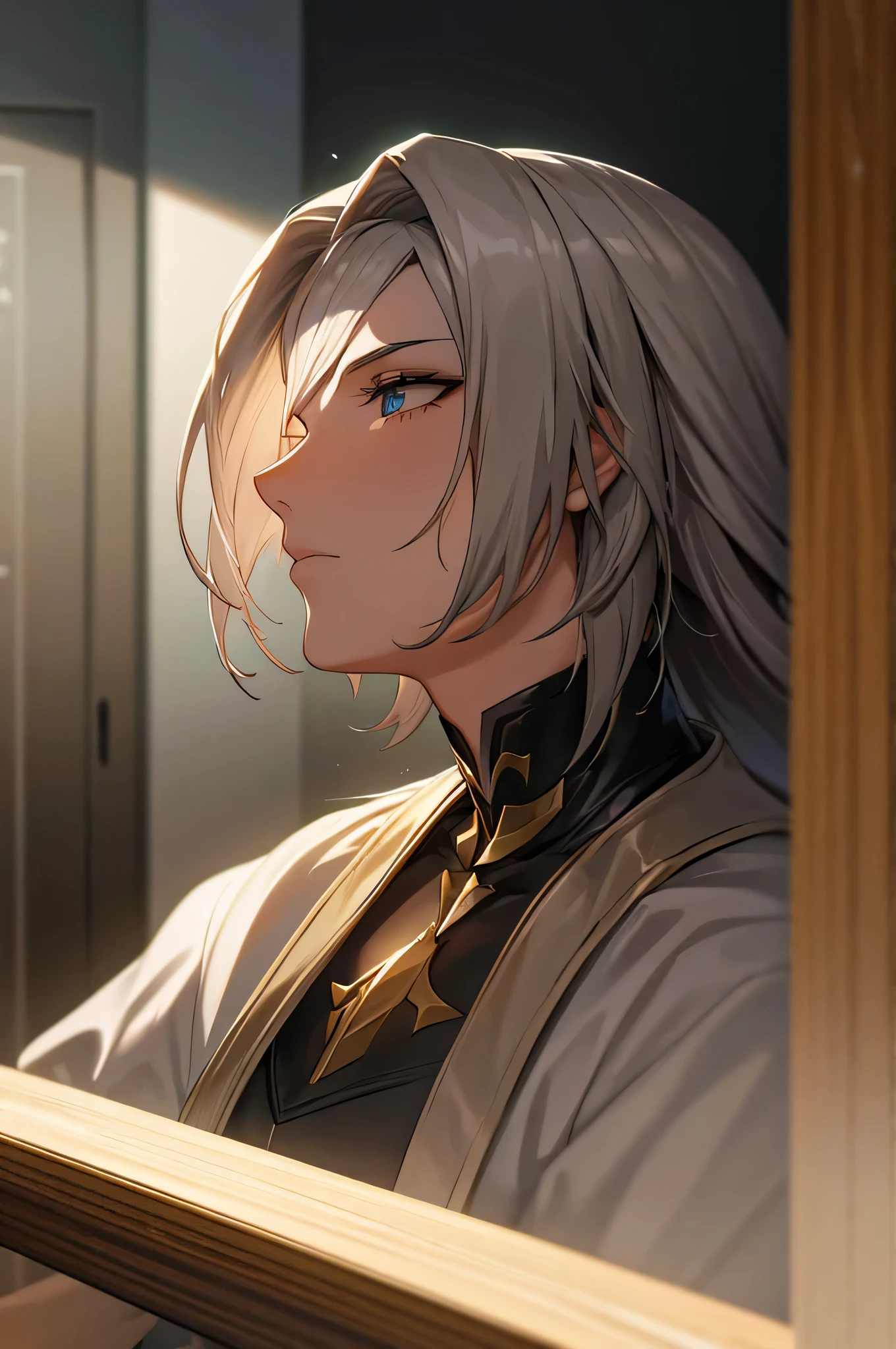 (3D:0.5,realista:0.5,photorealista:0.5),(absurdos,Super-resolution,Obra de arte,melhor qualidade,finamente detalhado,absurdos:1.2), dramatic light, dramatic lighting, cinematic, anime scenery, Personagem de anime masculino, maximum quality, cabelo branco, cabelo amarrado, olhos azuis, black gentleman's armor with technological design, Black sword in hand, espada com chamas azuis