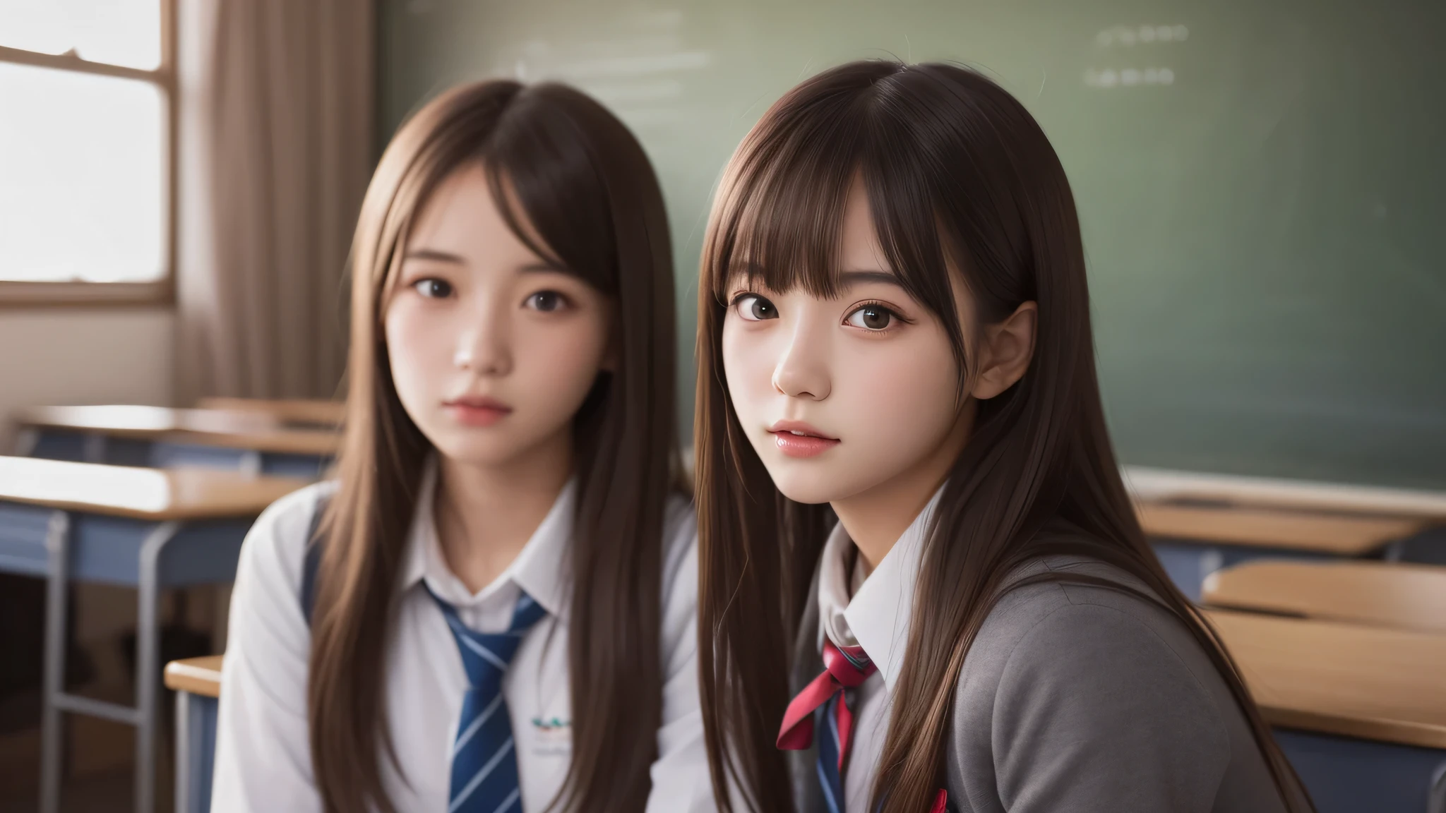 kawaii, (2girl), bob hair, (high school uniform), (Best Quality:1.4), Realistic, extremely detailed CG unified 8k wallpaper, highly detailed, High-definition raw color photos, professional photography, Realistic portrait, Beautiful detailed, Close up portrait of girl, (school, classroom:1.2), (Fine face:1.2),