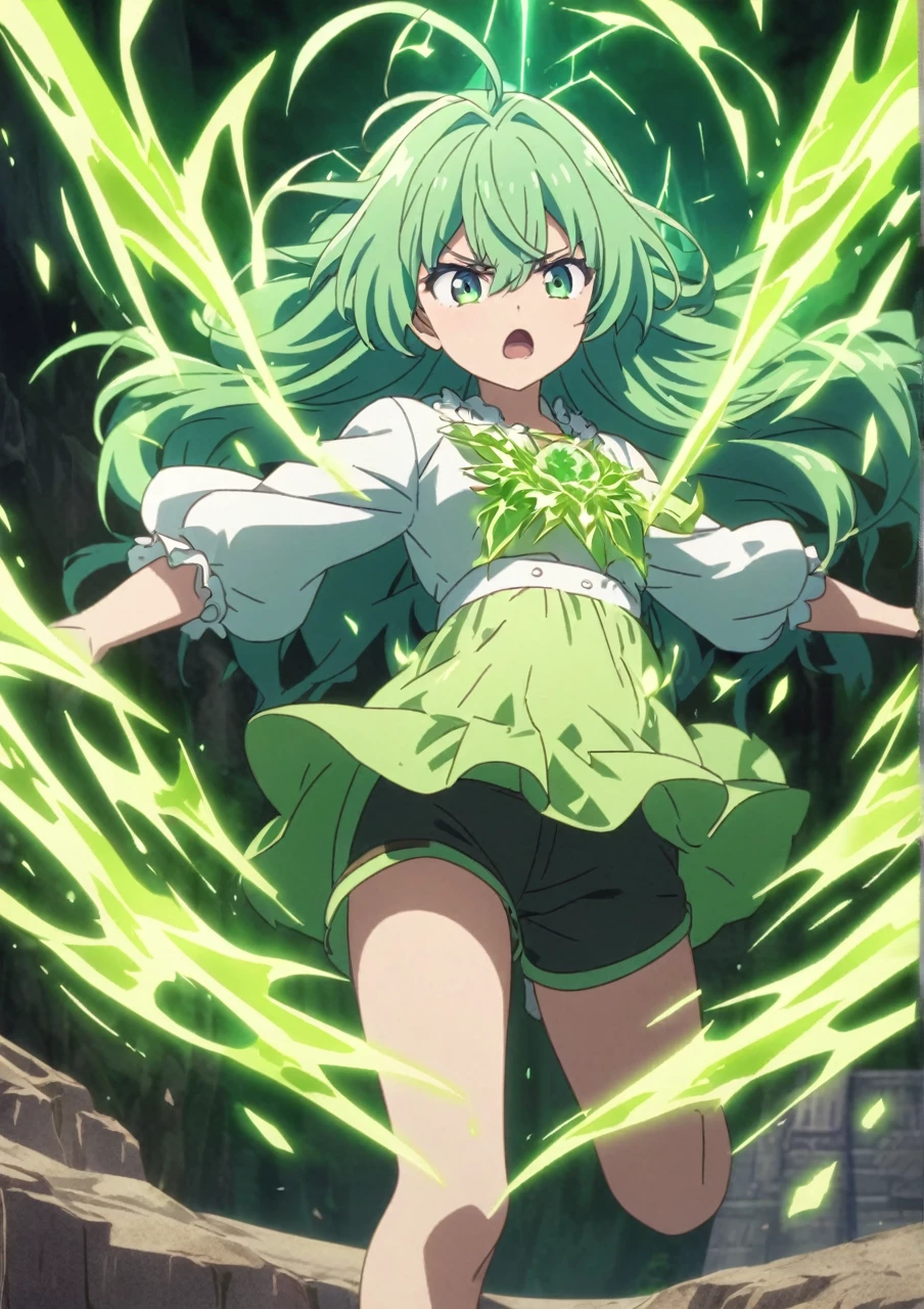 girl, beautiful and beautiful girl, super legendary sayajin, charging her ki, with green hair like a legendary sayajin, large and disheveled sayajin style locks, ordinary human outfit with blouse and short shorts, greenish ki aura around her, small rays of green power coming out of his body, small parts of the ground cracking around him due to his great power, 4k anime, detailed with a touch of surrealism