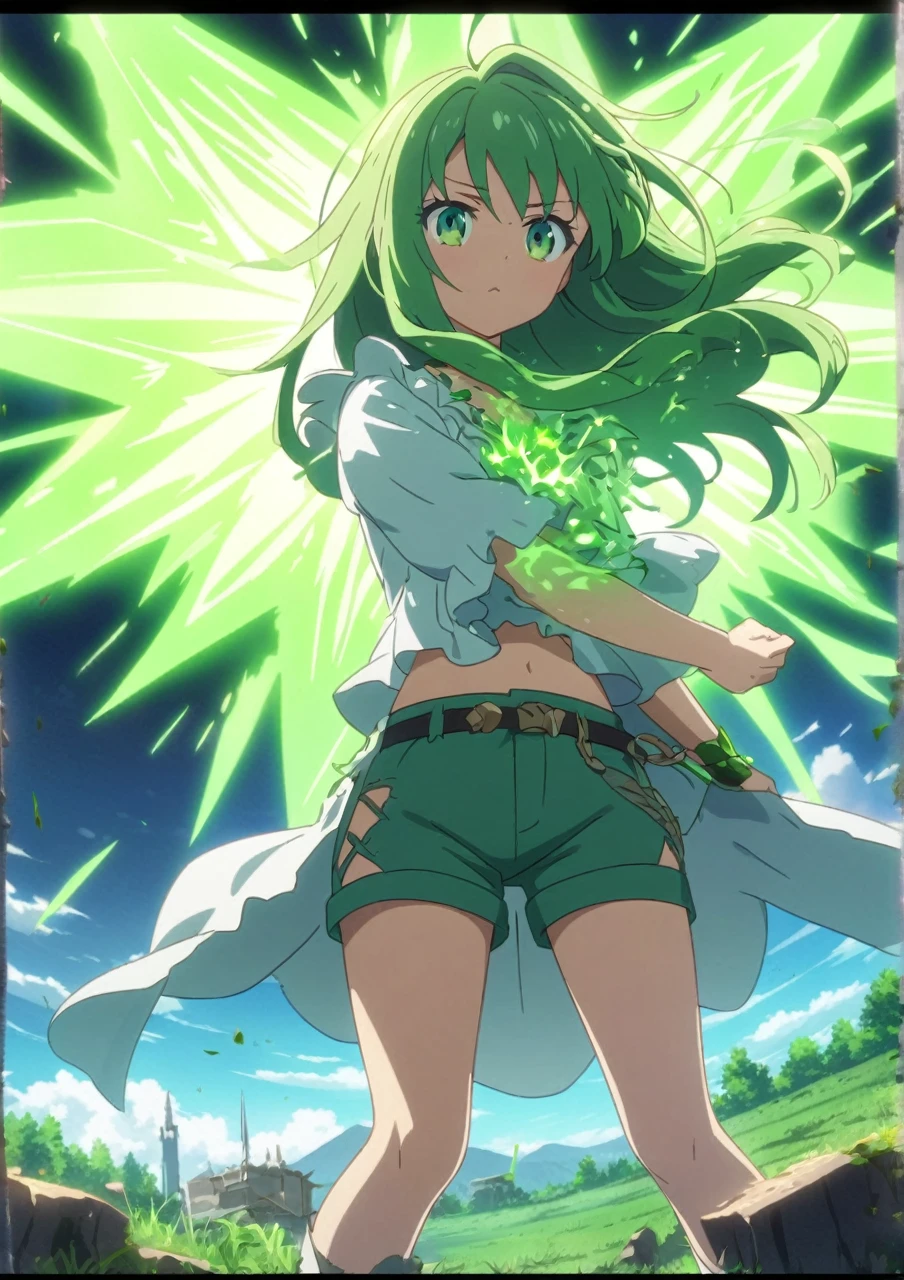 girl, beautiful and beautiful girl, super legendary sayajin, charging her ki, with green hair like a legendary sayajin, large and disheveled sayajin style locks, ordinary human outfit with blouse and short shorts, greenish ki aura around her, small rays of green power coming out of his body, small parts of the ground cracking around him due to his great power, 4k anime, detailed with a touch of surrealism