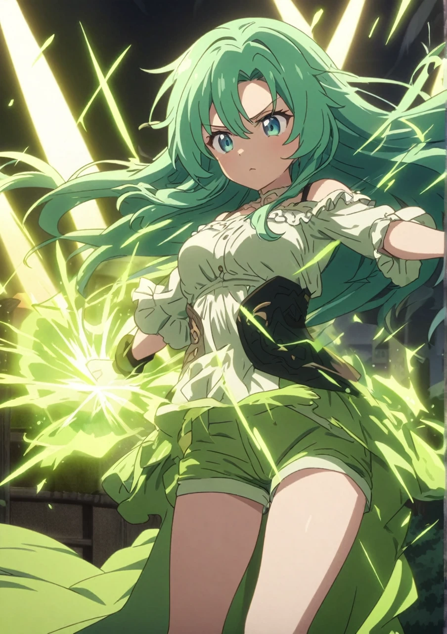 girl, beautiful and beautiful girl, super legendary sayajin, charging her ki, with green hair like a legendary sayajin, large and disheveled sayajin style locks, ordinary human outfit with blouse and short shorts, greenish ki aura around her, small rays of green power coming out of his body, small parts of the ground cracking around him due to his great power, 4k anime, detailed with a touch of surrealism