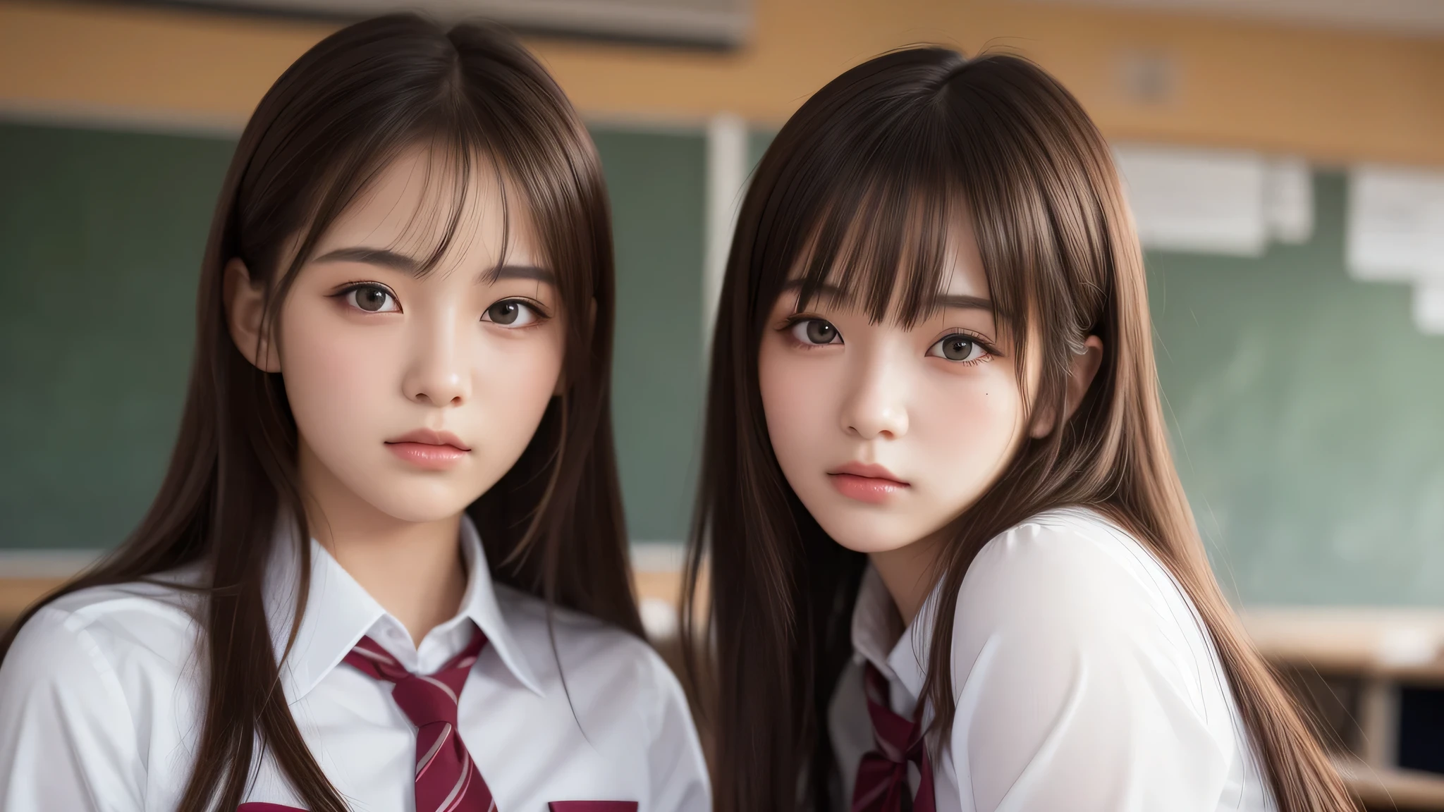kawaii, (2girl), bob hair, (high school uniform), (Best Quality:1.4), Realistic, extremely detailed CG unified 8k wallpaper, highly detailed, High-definition raw color photos, professional photography, Realistic portrait, Beautiful detailed, Close up portrait of girl, (school, classroom:1.2), (Fine face:1.2), 
