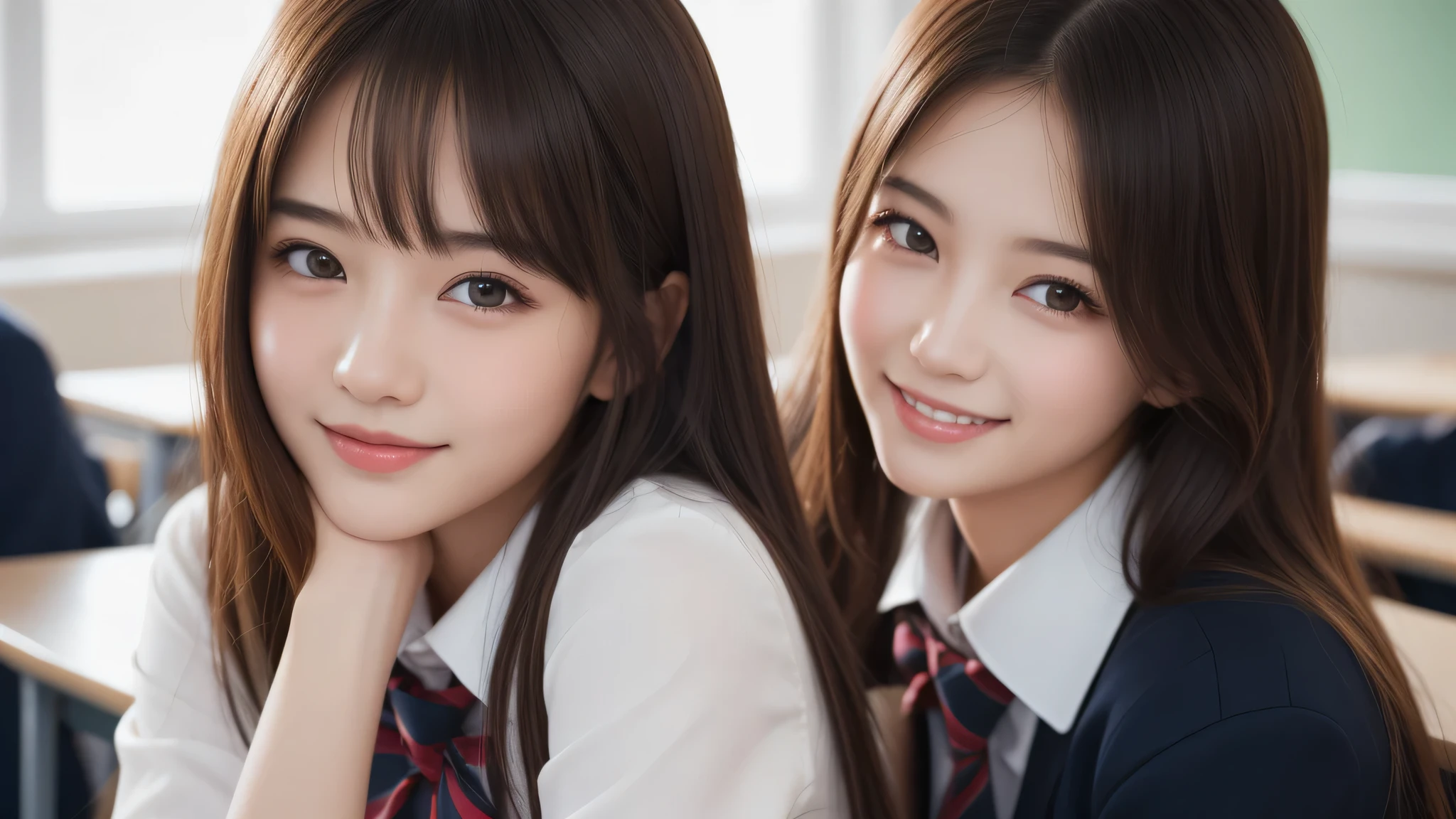 kawaii, (2girl), bob hair, (happy smiles), (high school uniform), (Best Quality:1.4), Realistic, extremely detailed CG unified 8k wallpaper, highly detailed, High-definition raw color photos, professional photography, Realistic portrait, Beautiful detailed, Close up portrait of girl, (school, classroom:1.2), (Fine face:1.2),