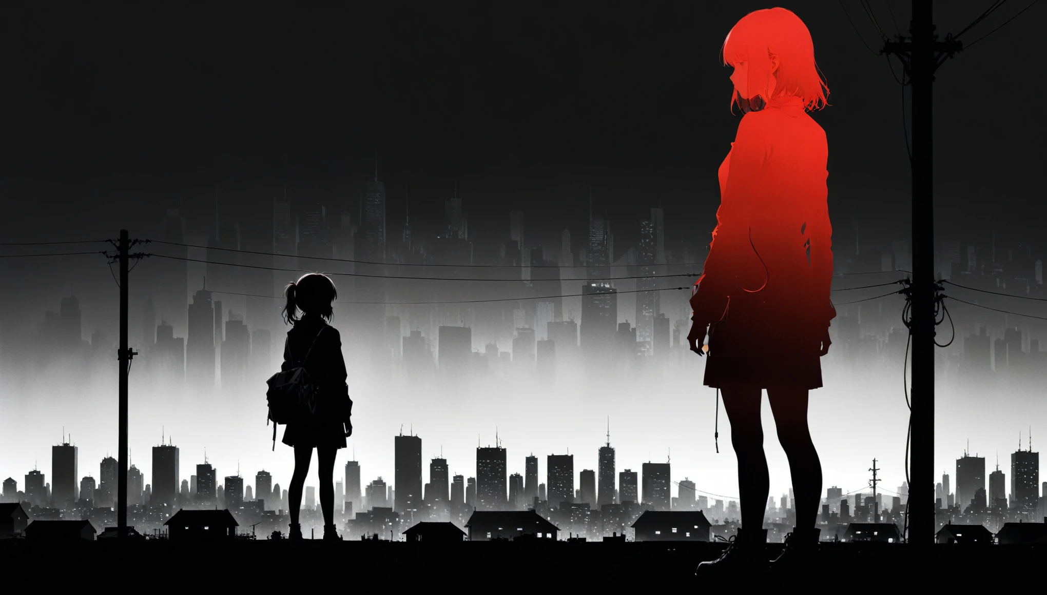(in style of Ashley Wood:1.3),(in style of Takeshi Obata:0.9),
black and white urban skyline background,protruding utility poles,(a red silhouette of a young girl:1.6),minimalist silhouette,red silhouette,black and white background,wide_shot,silhouette of a teenage girl on a telephone pole,