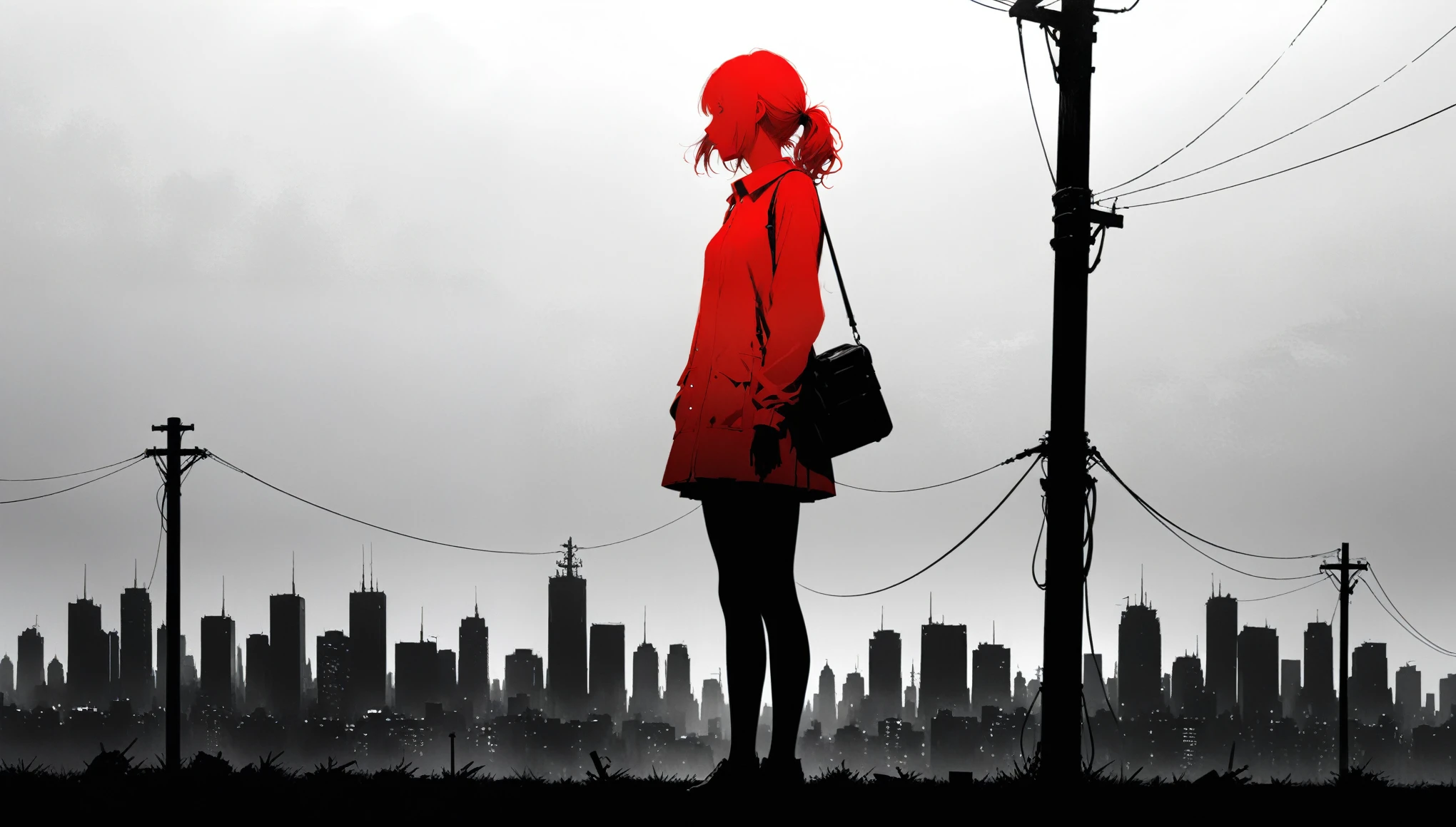 (in style of Ashley Wood:1.3),(in style of Takeshi Obata:0.9),
black and white urban skyline background,protruding utility poles,(a red silhouette of a young girl:1.6),minimalist silhouette,red silhouette,black and white background,wide_shot,silhouette of a teenage girl on a telephone pole,