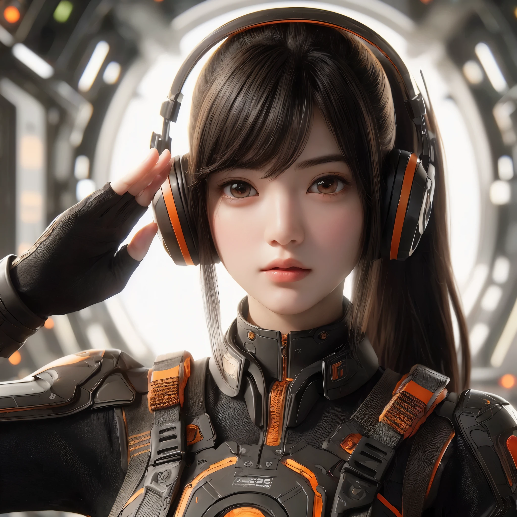 Top Quality, Masterpiece, Ultra High Resolution, (Photorealistic: 1.4), Raw Photo, 1 Girl, Black Hair, Glossy Skin, 1 Mechanical Girl, (((Ultra Realistic Details)), (realistic face: 1.2), realistic skin, Global Illumination, Shadows, Octane Rendering, 8K, Ultra Sharp, Intricate Ornaments Details, wearing Futuristic Headphone, Futuristic headgear, very intricate detail, realistic light, CGStation trend, brown eyes, glowing eyes, matte black and glossy orange bodysuit, orange lining on suit, Long hair, Ponytail hair, half body shot, spaceship bridge background, she is on salute pose, salute style
