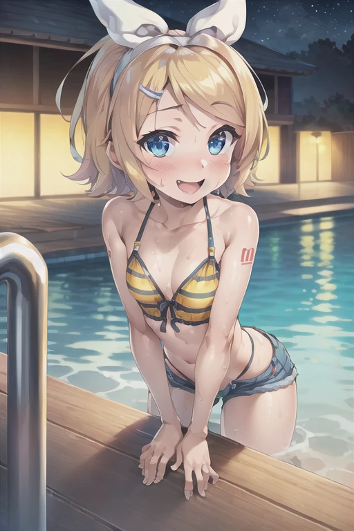 (((masterpiece))), ((highest quality)), (Very detailed), ((High resolution)), ((8k)), ((Anatomically correct)), One very cute girl, Baby Face, (Poor breasts), Vocaloid, (Kagamine Rin), Blonde, Short Hair, Letting down your bangs, Charming smile, Blue eyes, Best moment, Delicate arms, Detailed skin texture, Intricate details, Very detailedな顔, Beautiful curves, Beautiful thighs, (Sweating), ((Wearing denim shorts on the lower half of the body)), ((She is wearing a yellow striped bikini on her upper body.)), Pool at night, Ecstatic expression, Looking up, Beautiful standing posture, Model standing, Both arms are behind his back, blush, A big smile, barefoot, Wearing sandals, Sitting, Crotch open in an M shape,