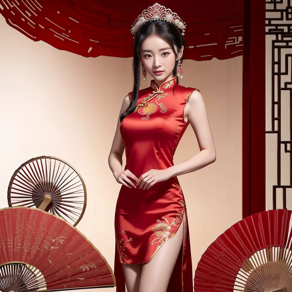 Asian woman in a red dress holding a fan, wearing a red Cheongsam, Cheongsam, Chinese style, Chinese dress, with ancient Chinese clothes, traditional chinese, traditional chinese clothing, Chinese girl, Chinese woman, Wearing an ancient Chinese dress, Gorgeous Chinese model, traditional beauty, Chinese dress, with ancient Chinese aesthetics, Chinese princess, cute woman