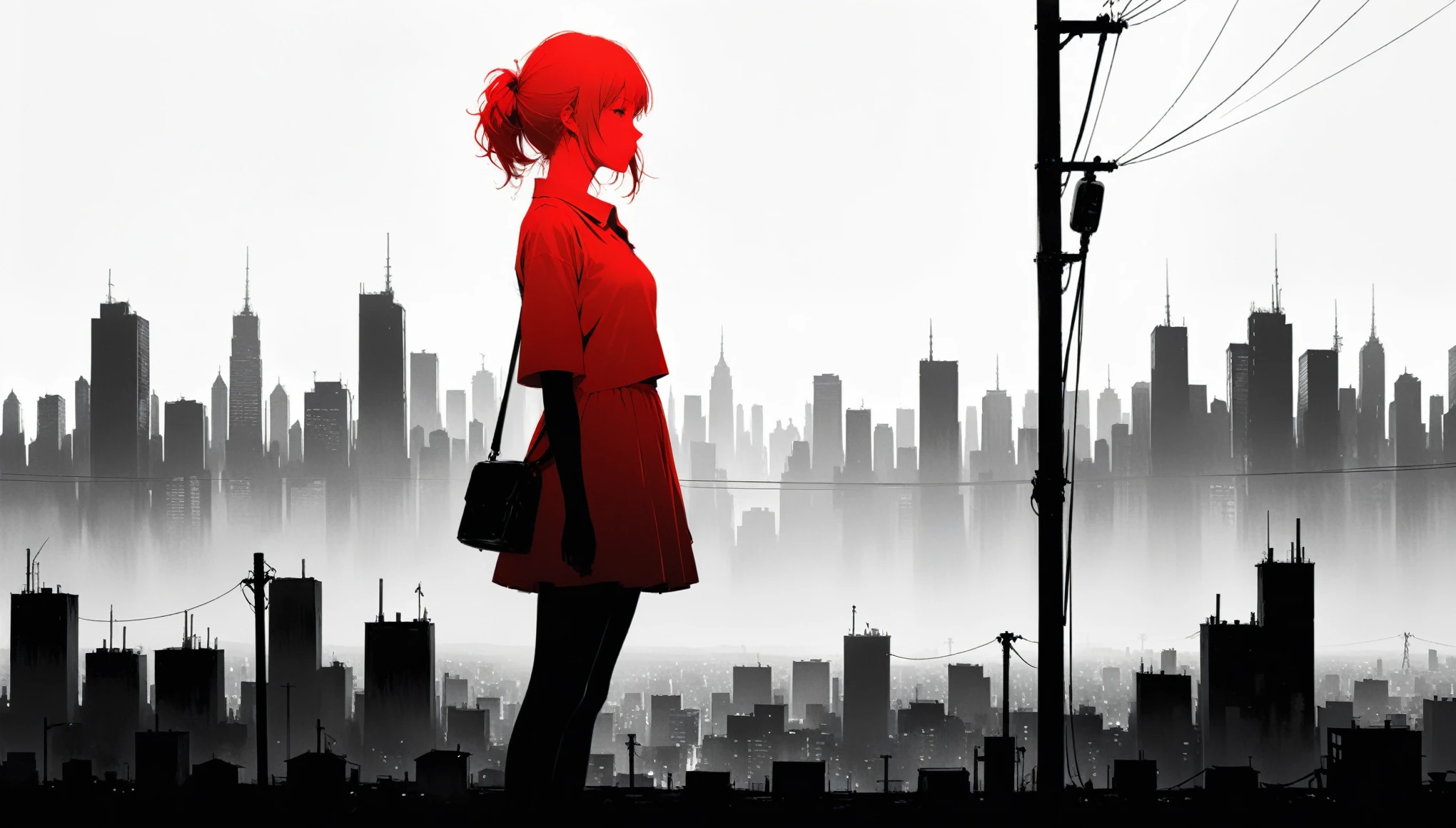 (in style of Ashley Wood:1.3),(in style of Takeshi Obata:0.9),
black and white urban skyline background,protruding utility poles,(a red silhouette of a young girl:1.6),minimalist silhouette,red silhouette,black and white background,wide_shot,silhouette of a age girl on a telephone pole,