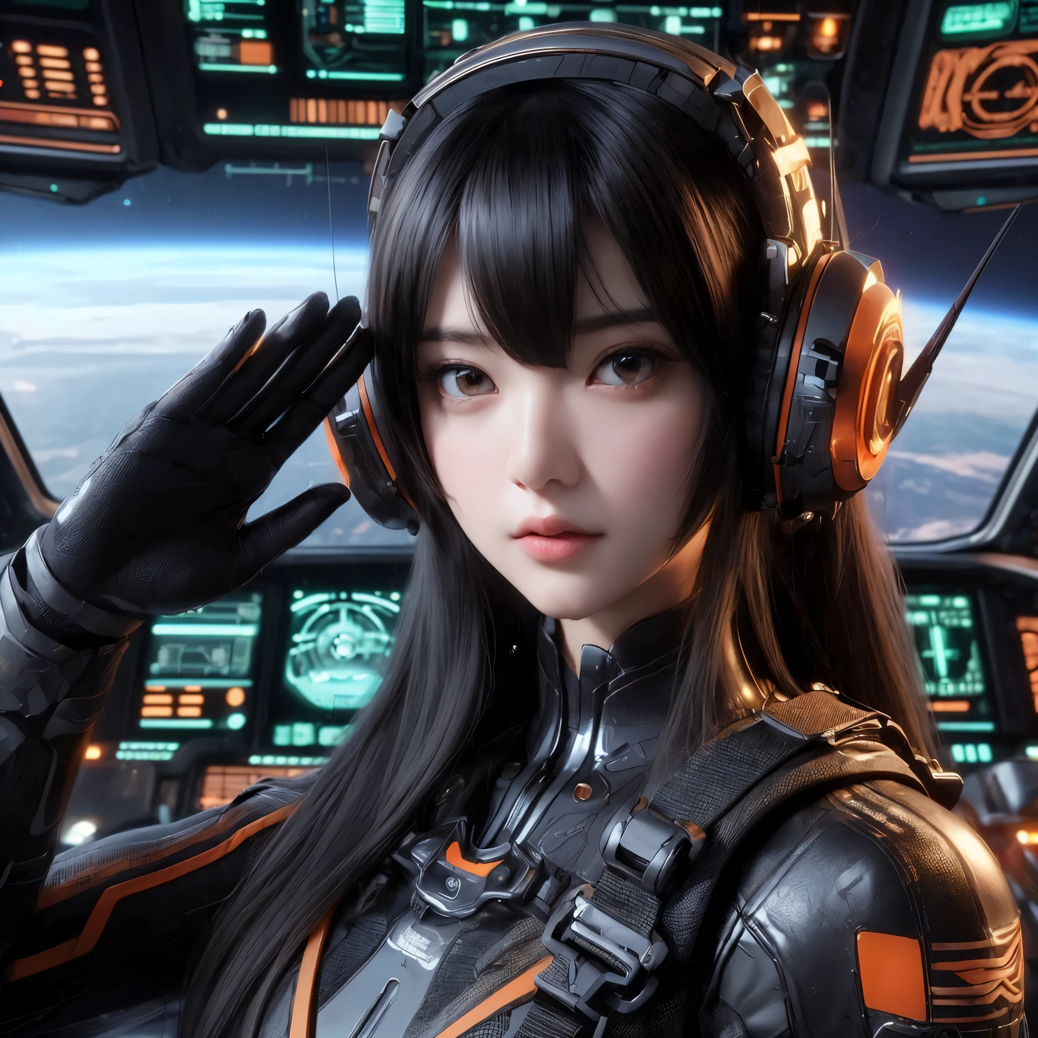 Top Quality, Masterpiece, Ultra High Resolution, (Photorealistic: 1.4), Raw Photo, 1 Girl, Black Hair, Glossy Skin, 1 Mechanical Girl, (((Ultra Realistic Details)), (realistic face: 1.2), realistic skin, Global Illumination, Shadows, Octane Rendering, 8K, Ultra Sharp, Intricate Ornaments Details, wearing Futuristic Headphone, Futuristic headgear, very intricate detail, realistic light, CGStation trend, brown eyes, glowing eyes, matte black and glossy orange bodysuit, orange lining on suit, Long hair, Ponytail hair, half body shot, spaceship bridge background, she is on salute pose, salute style
