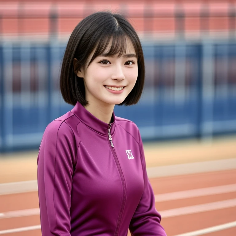 (kawaii 24 year-old Japanese girl, Nogizaka idol, Korean idol, track and field player), healthy female athlete body, glossy black hair, (very short hair, bangs:1.2), beautiful black eyes, rounded face, single eyelid, (no makeup:1.2), (big laughing), (light pink half zipped track suits:1.3), extra small breasts, BREAK, (track and field stadium background, summer sunlights:1.2), (dynamic angle, bust shot:1.2), BREAK, (masterpiece, best quality, photo realistic, official art:1.4), (UHD, 8K quality wallpaper, high resolution, raw photo, golden ratio:1.3), (shiny skin), professional lighting, physically based rendering, award winning, (highly detailed skin texture, extremely detailed face and eyes textures), Carl Zeiss 85 mm F/1.4, depth of field, (1girl, solo),