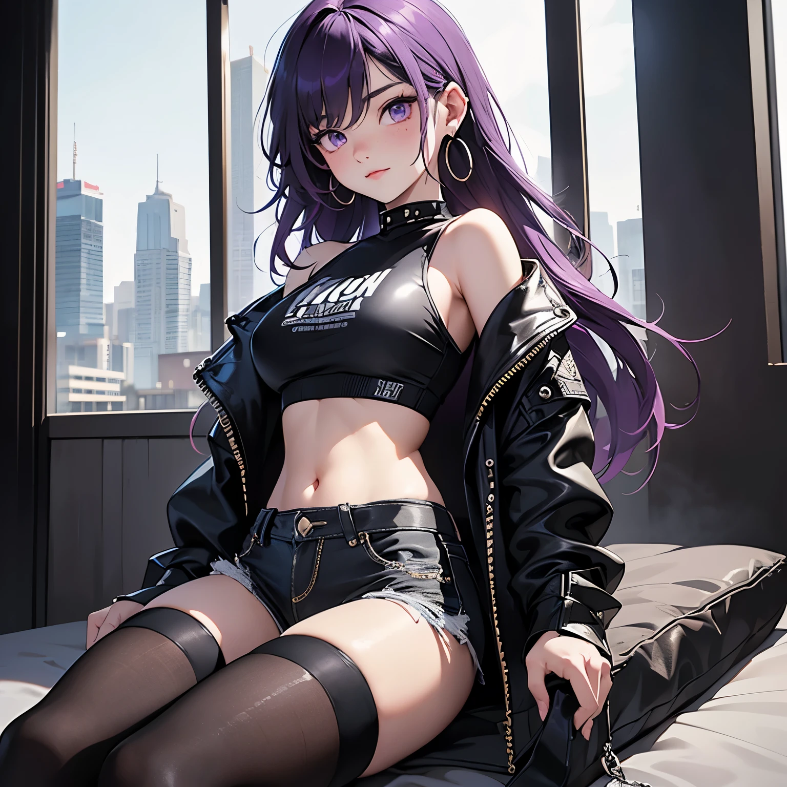 (Obra maestra:1.2), Mejor calidad, (illustration:1.2), (ultra detallado), hiper detalles, (delicado detallado), (detalles intrincados), (cinematic light, Mejor calidad Backlights), Delete line, solista, Cuerpo perfecto, (1 chica), Anime style of a young ager with long, straight purple hair that falls to her waist, with streaks of darker purple running through it. Her eyes are a striking shade of gold, with a piercing gaze and almond-shaped. She has a fair complexion with a few faint freckles across her cheeks. She is dressed in punk fashion, wearing a cropped leather jacket adorned with studs and patches. She pairs it with ripped black skinny jeans and combat boots, laced up with thick chains. Underneath the jacket, she wears a torn band t-shirt featuring her favorite punk band. She has fishnet stockings peeking out from under her jeans and multiple silver hoop earrings lining her ears., (constituir), alto contraste, (mejor iluminacion, un extremadamente creado y hermoso), (cinematic light), vistoso,