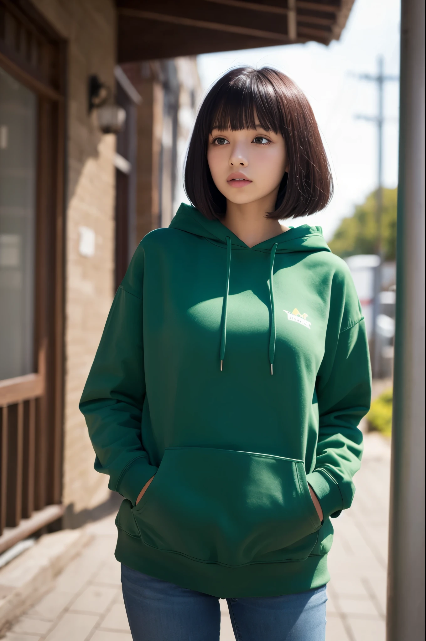  girl, Black bob cut, green Hoodies, large breasts
, looking away