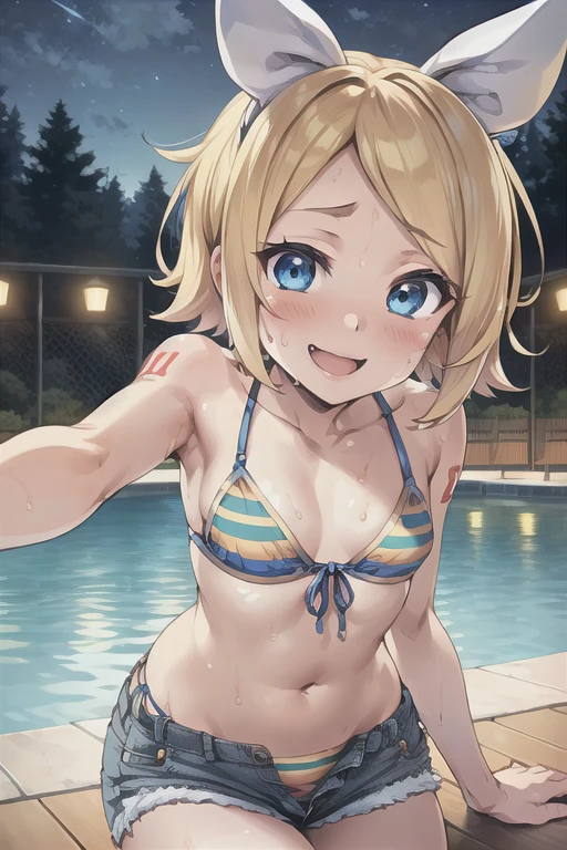 (((masterpiece))), ((highest quality)), (Very detailed), ((High resolution)), ((8k)), ((Anatomically correct)), One very cute girl, Baby Face, (Poor breasts), Vocaloid, (Kagamine Rin), Blonde, Short Hair, Letting down your bangs, Charming smile, Blue eyes, Best moment, Delicate arms, Detailed skin texture, Intricate details, Very detailedな顔, Beautiful curves, Beautiful thighs, (Sweating), ((Wearing denim shorts on the lower half of the body)), ((She is wearing a yellow striped bikini on her upper body.)), Pool at night, Ecstatic expression, Looking up, Beautiful standing posture, Model standing, Both arms are behind his back, blush, A big smile, barefoot, Wearing sandals, Sitting, Crotch open in an M shape,