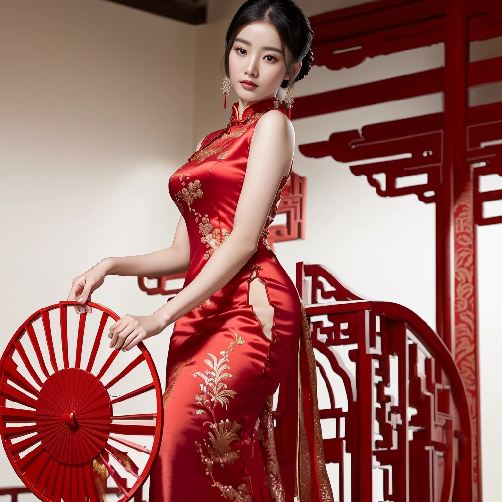Asian woman in a red dress holding a fan, wearing a red Cheongsam, Cheongsam, Chinese style, Chinese dress, with ancient Chinese clothes, traditional chinese, traditional chinese clothing, Chinese girl, Chinese woman, Wearing an ancient Chinese dress, Gorgeous Chinese model, traditional beauty, Chinese dress, with ancient Chinese aesthetics, Chinese princess, cute woman