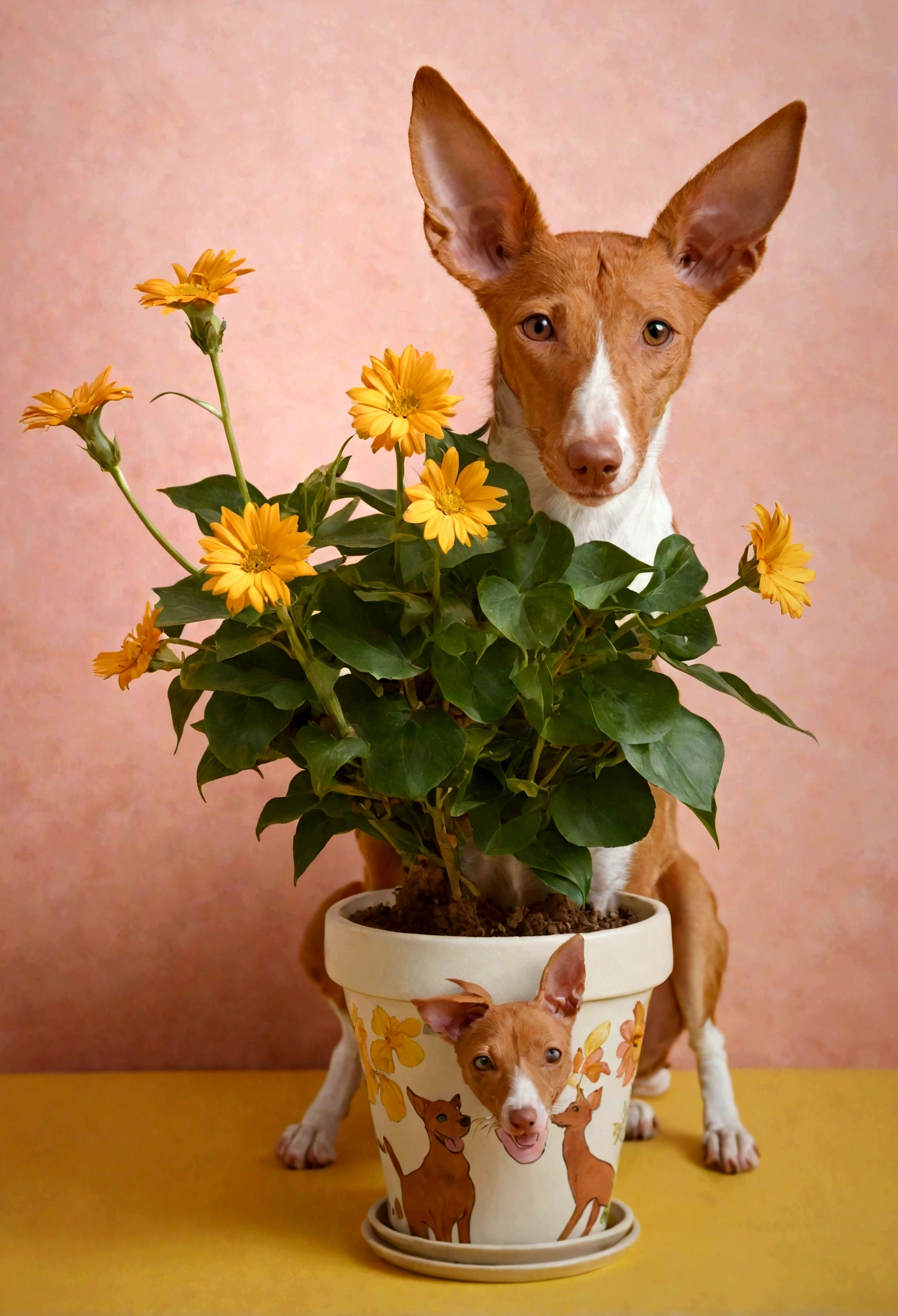 NSFW,masterpiece, best quality, 1girl, Podenco, a flowerpot, little smile, multicolored background, flower, dynamic color,